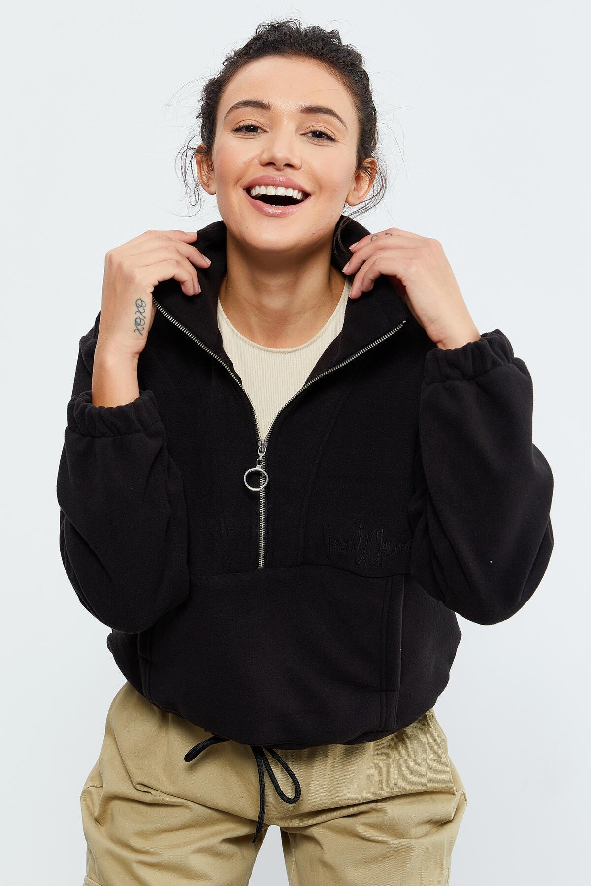 Black Half-Zip Skirt with Gathered Hem Women's Polar Oversize Sweatshirt - 97171