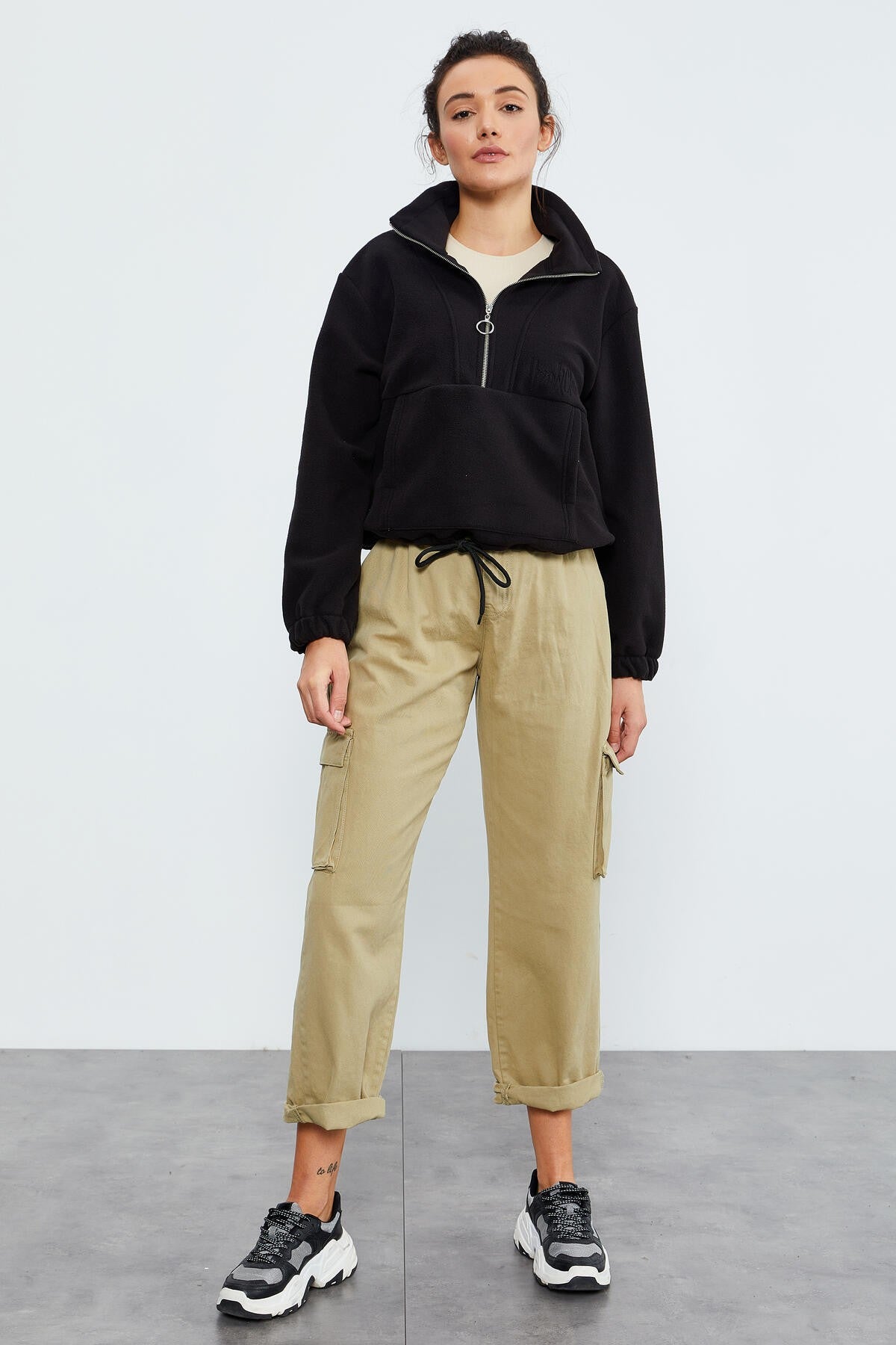 Black Half-Zip Skirt with Gathered Hem Women's Polar Oversize Sweatshirt - 97171