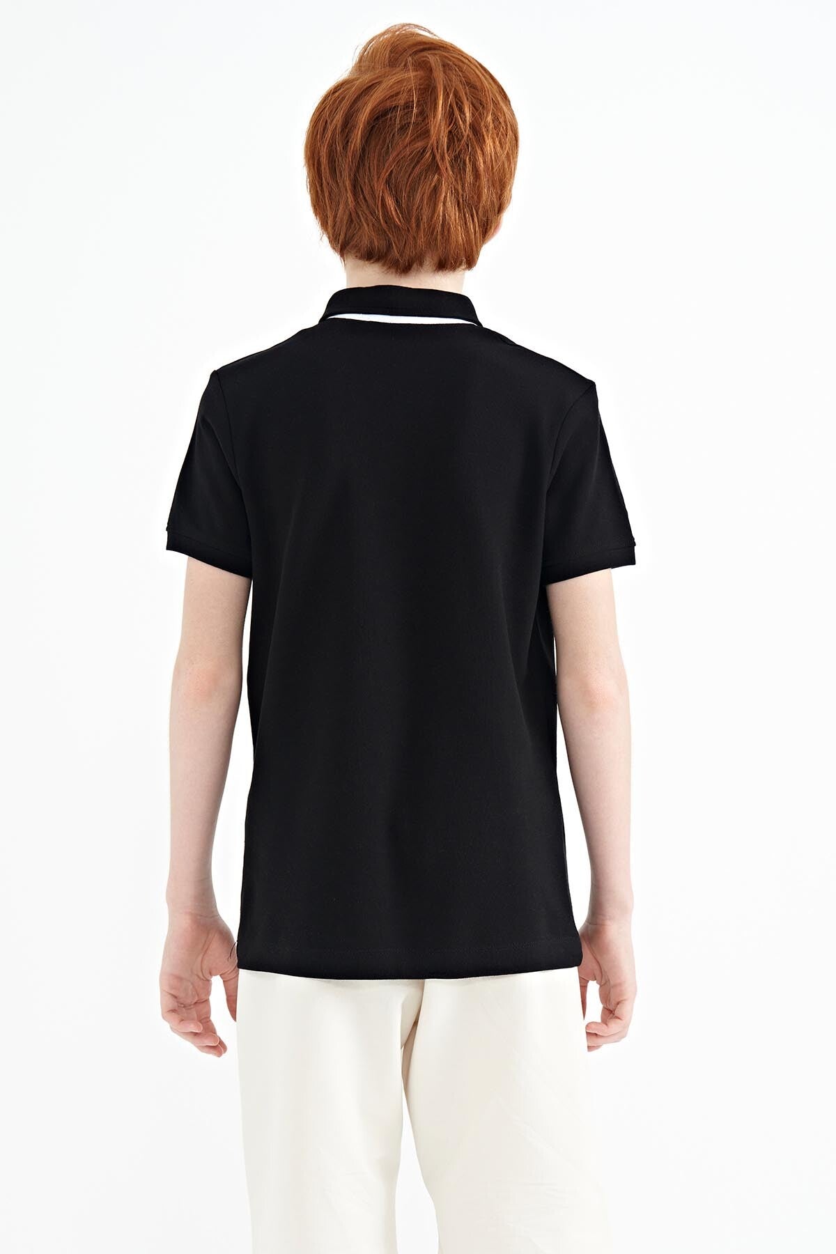 Black Print Pattern Standard Fit Polo Collar Boys' T-Shirt - 11143