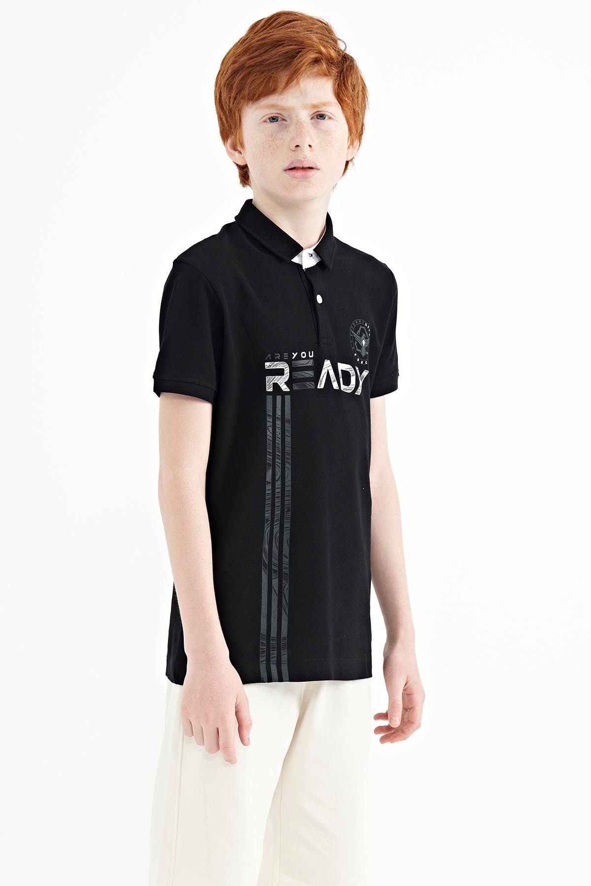 Black Print Pattern Standard Fit Polo Collar Boys' T-Shirt - 11143