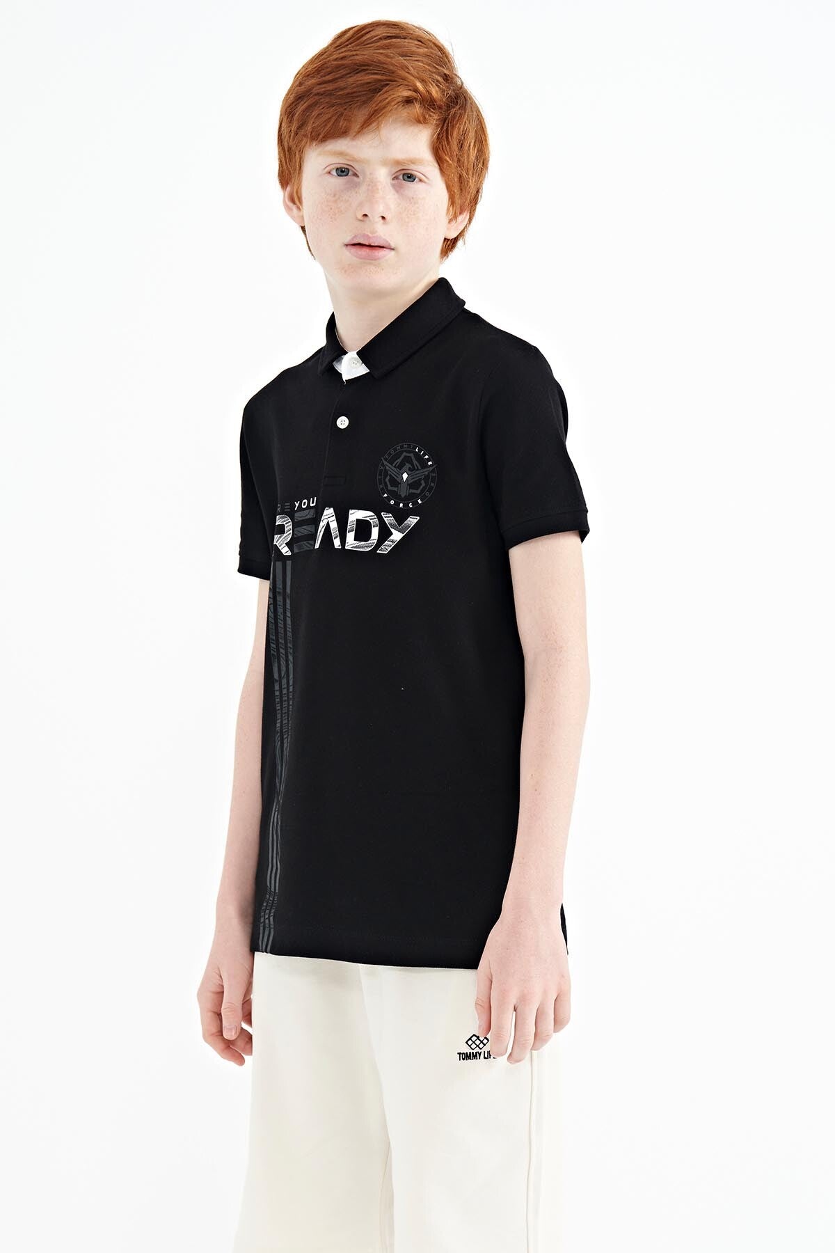 Black Print Pattern Standard Fit Polo Collar Boys' T-Shirt - 11143
