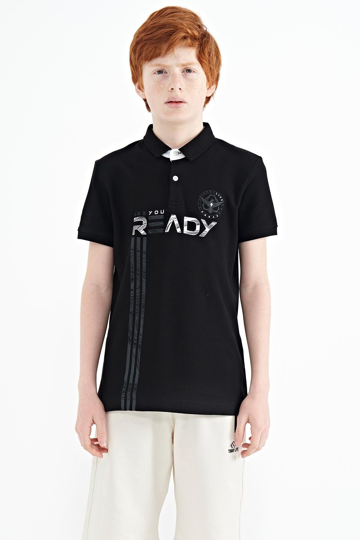 Black Print Pattern Standard Fit Polo Collar Boys' T-Shirt - 11143