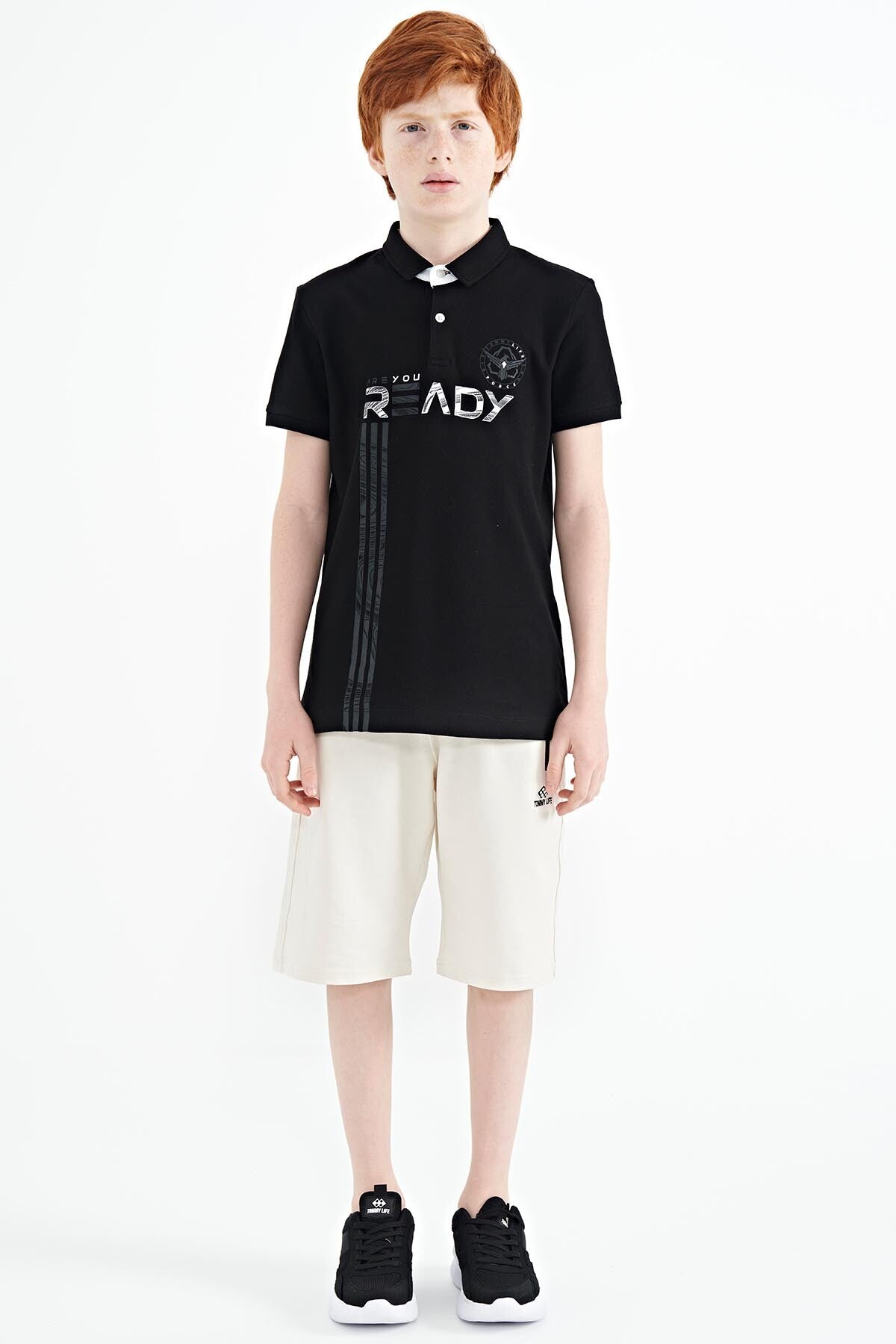 Black Print Pattern Standard Fit Polo Collar Boys' T-Shirt - 11143