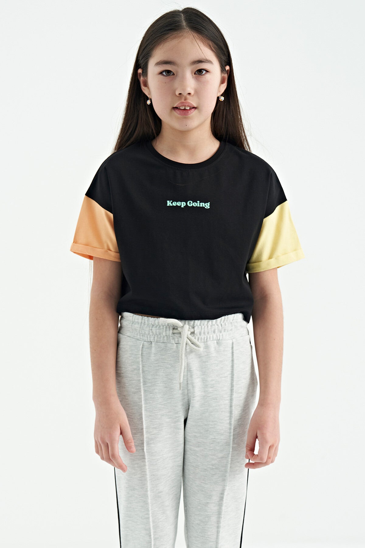 Black Print O Collar Low Shoulder Oversize Girls T-Shirt - 75130