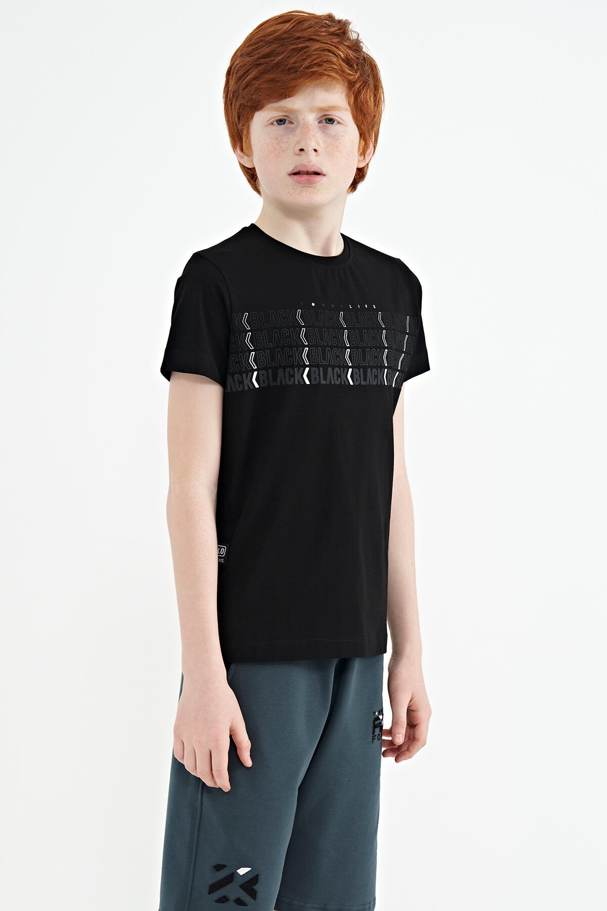 Black Print O Collar Standard Fit Boys' T-Shirt - 11149