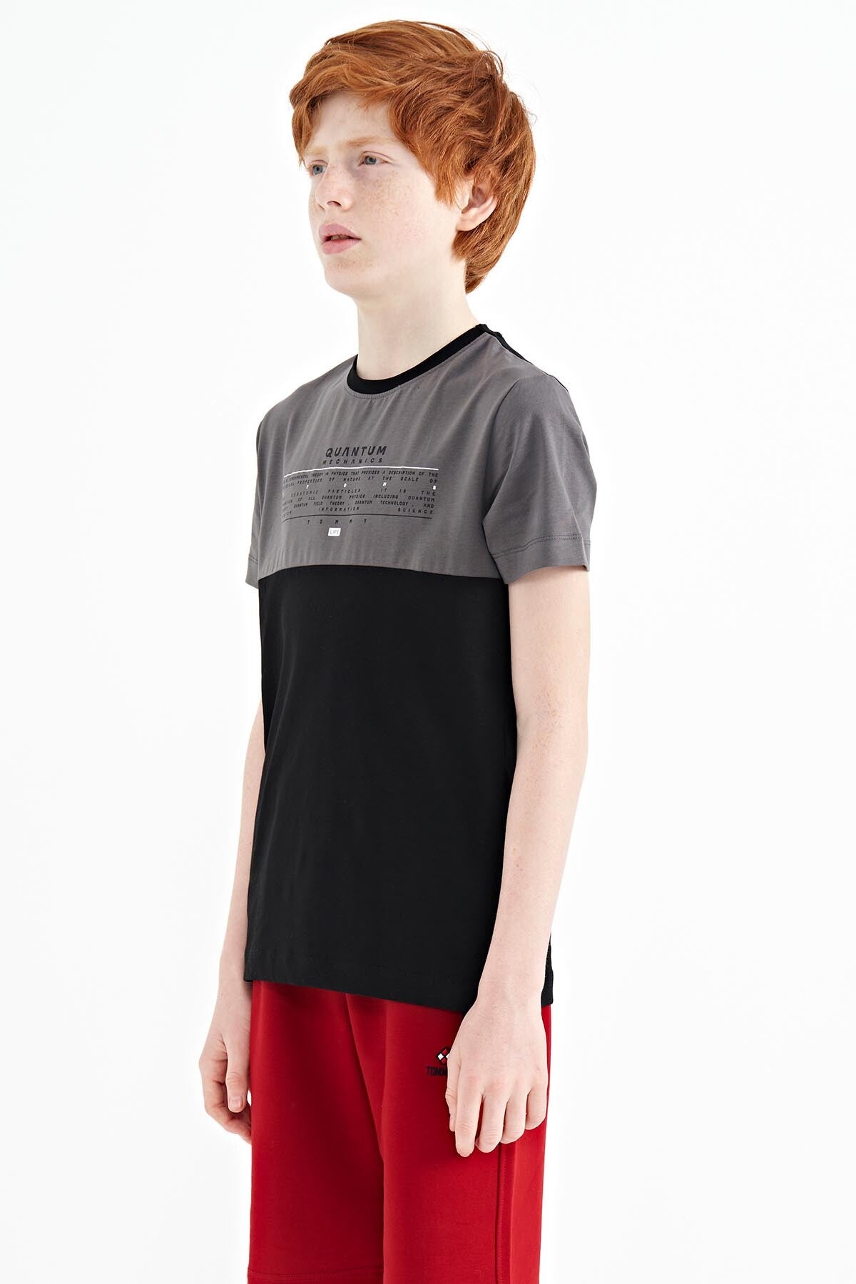 Black Print Color Block Standard Fit O Collar Boys T-Shirt - 11134