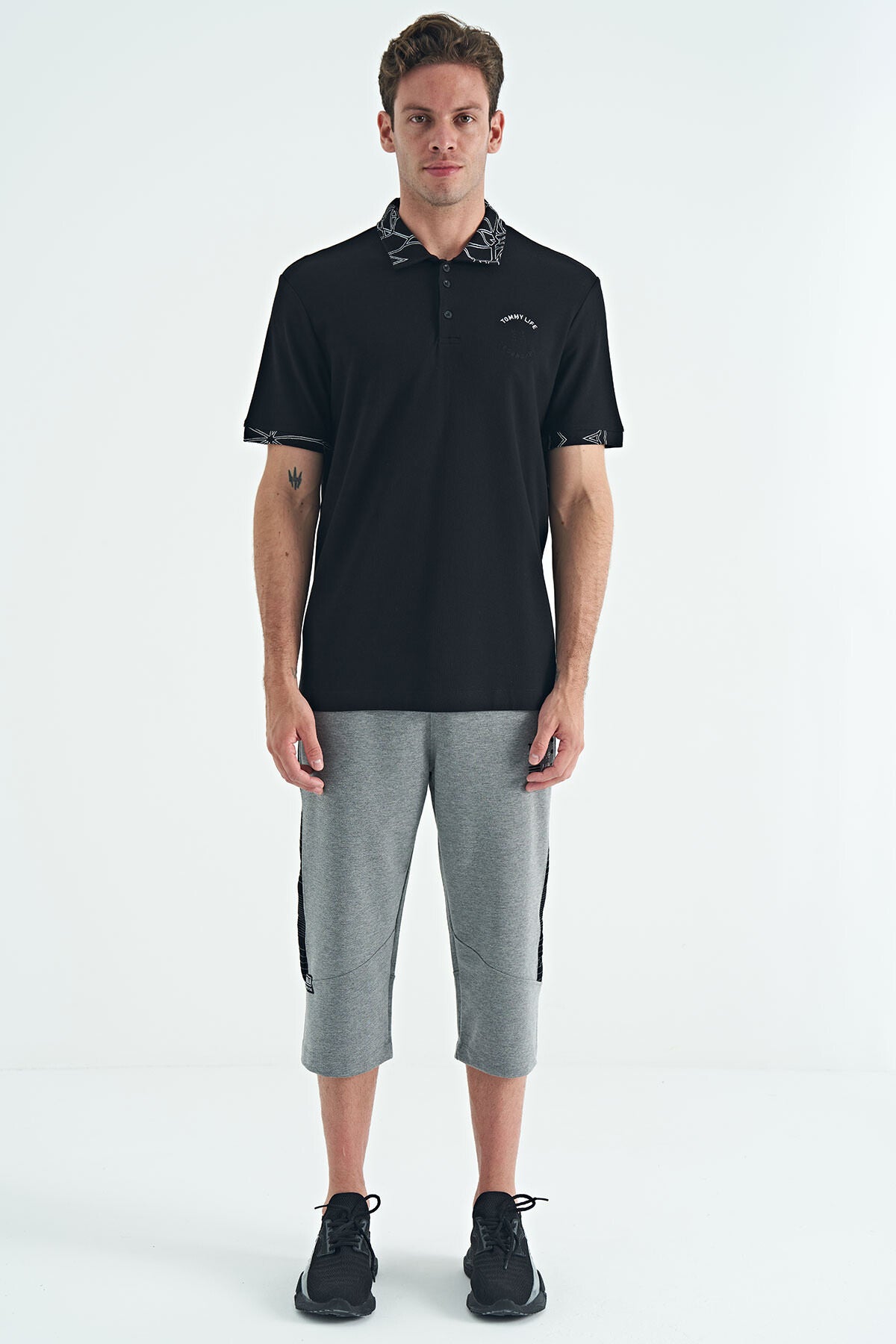 Black Embroidered Print Detailed Standard Fit Polo Collar Men's T-Shirt - 88239