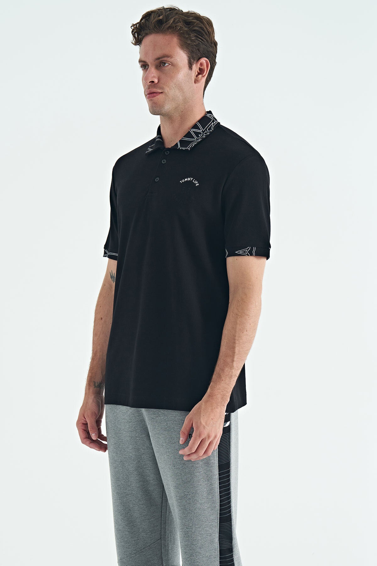 Black Embroidered Print Detailed Standard Fit Polo Collar Men's T-Shirt - 88239