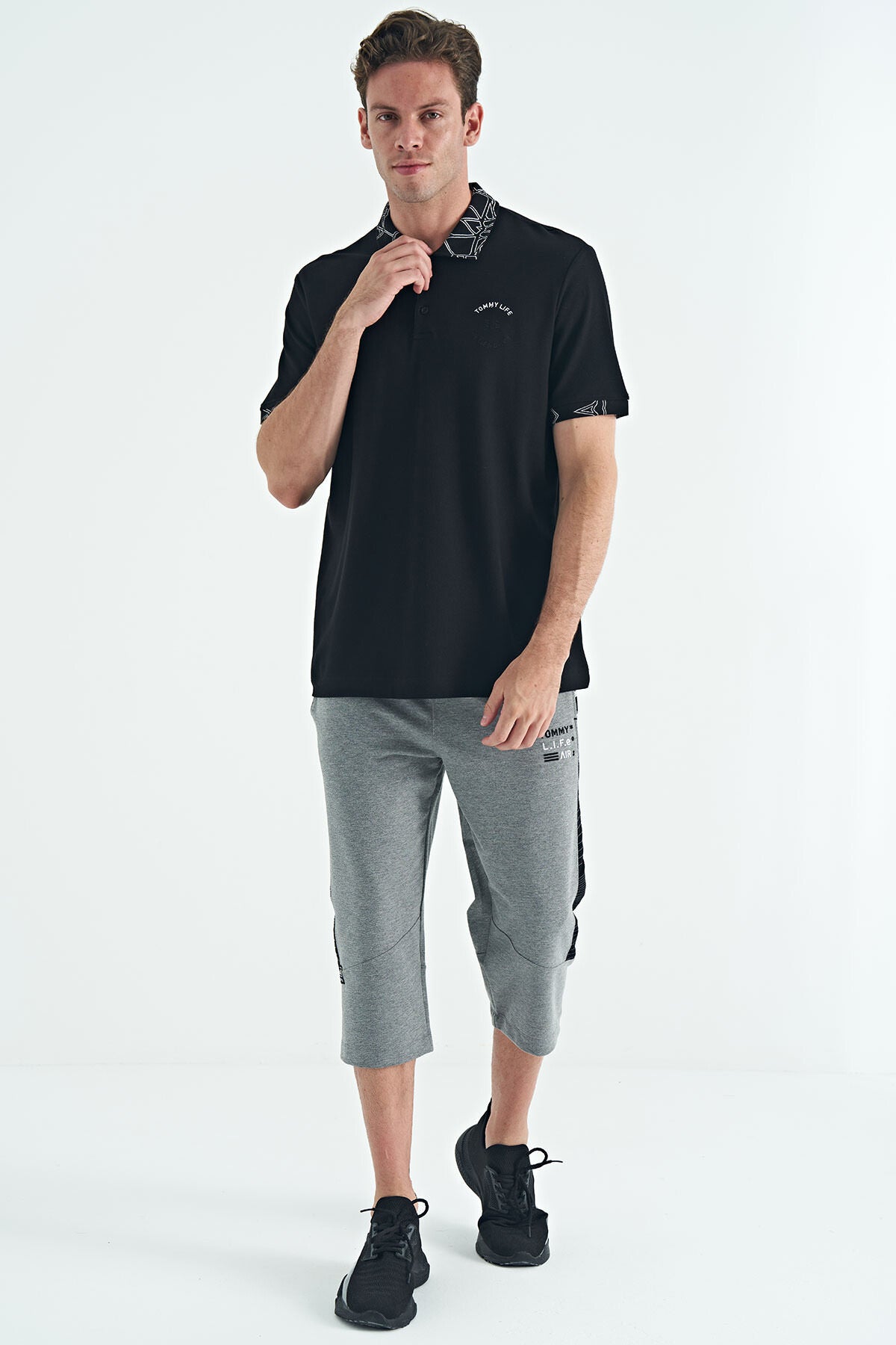 Black Embroidered Print Detailed Standard Fit Polo Collar Men's T-Shirt - 88239