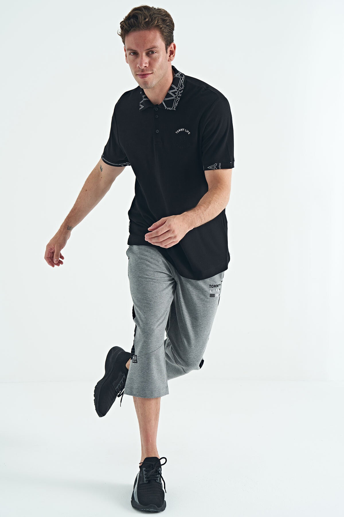 Black Embroidered Print Detailed Standard Fit Polo Collar Men's T-Shirt - 88239