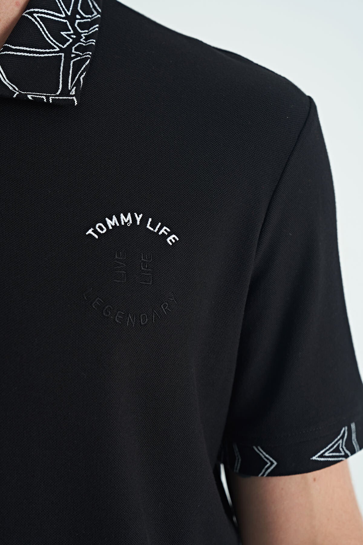 Black Embroidered Print Detailed Standard Fit Polo Collar Men's T-Shirt - 88239