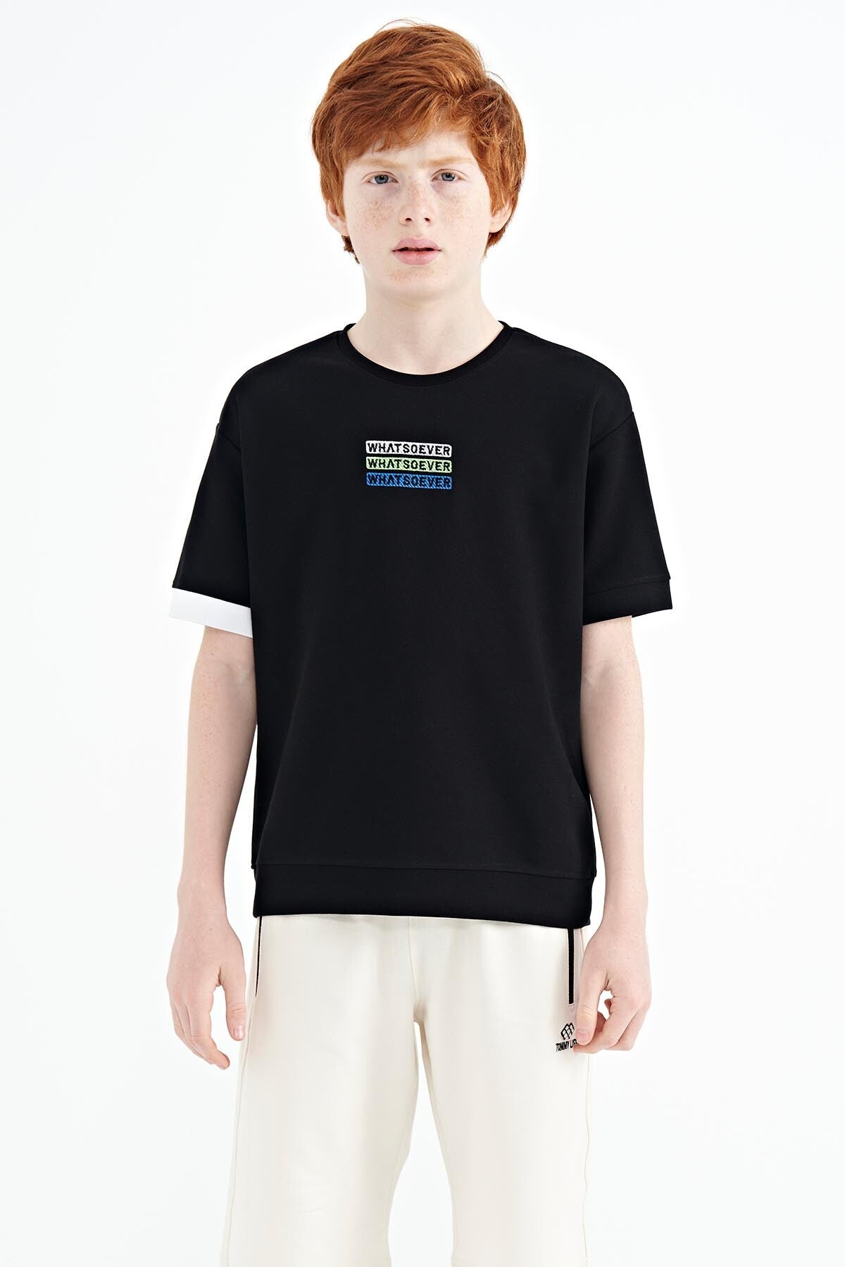 Black Embroidered O Collar Oversize Boys T-Shirt - 11146