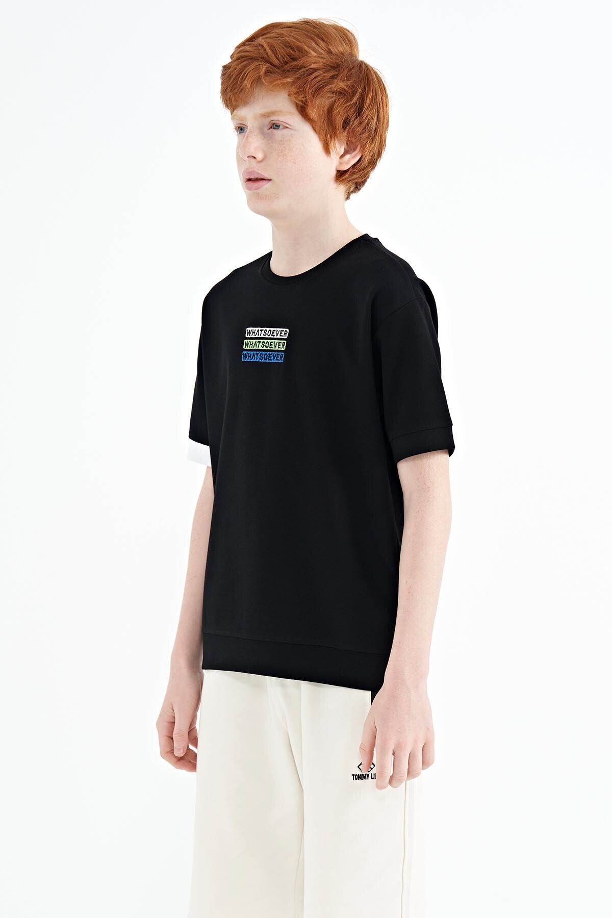 Black Embroidered O Collar Oversize Boys T-Shirt - 11146