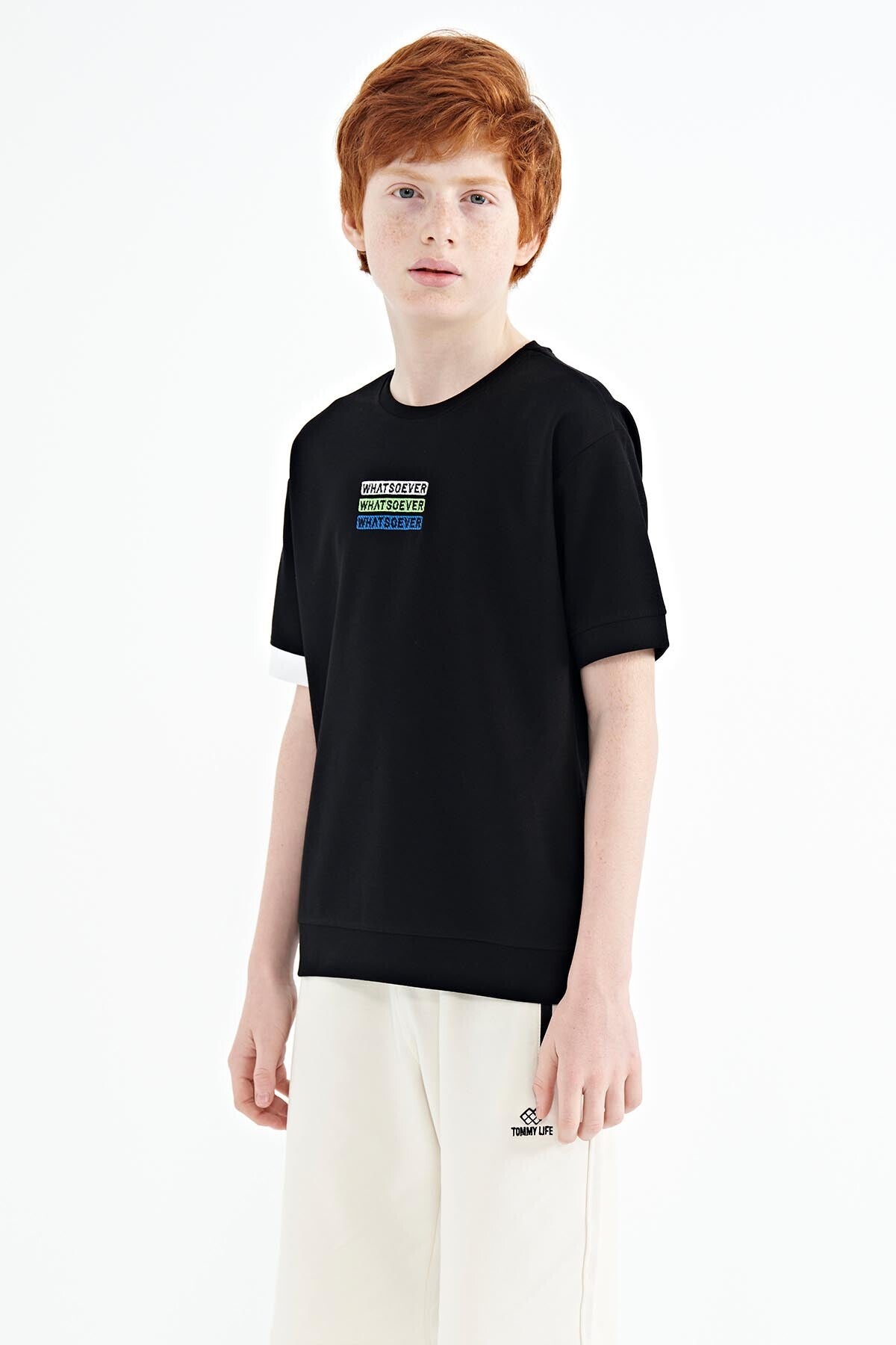 Black Embroidered O Collar Oversize Boys T-Shirt - 11146