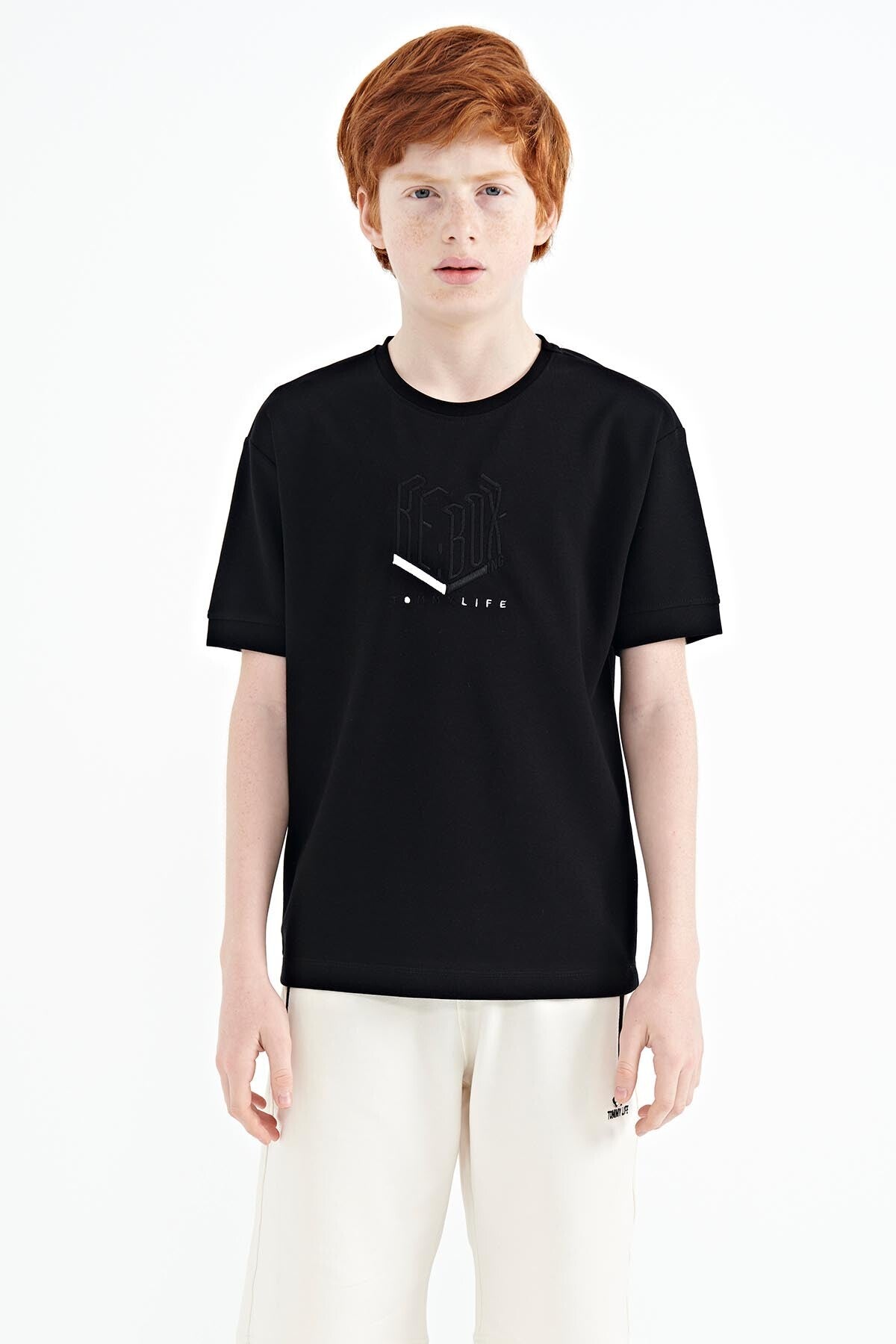 Black Embroidered O Collar Oversize Boys T-Shirt - 11151