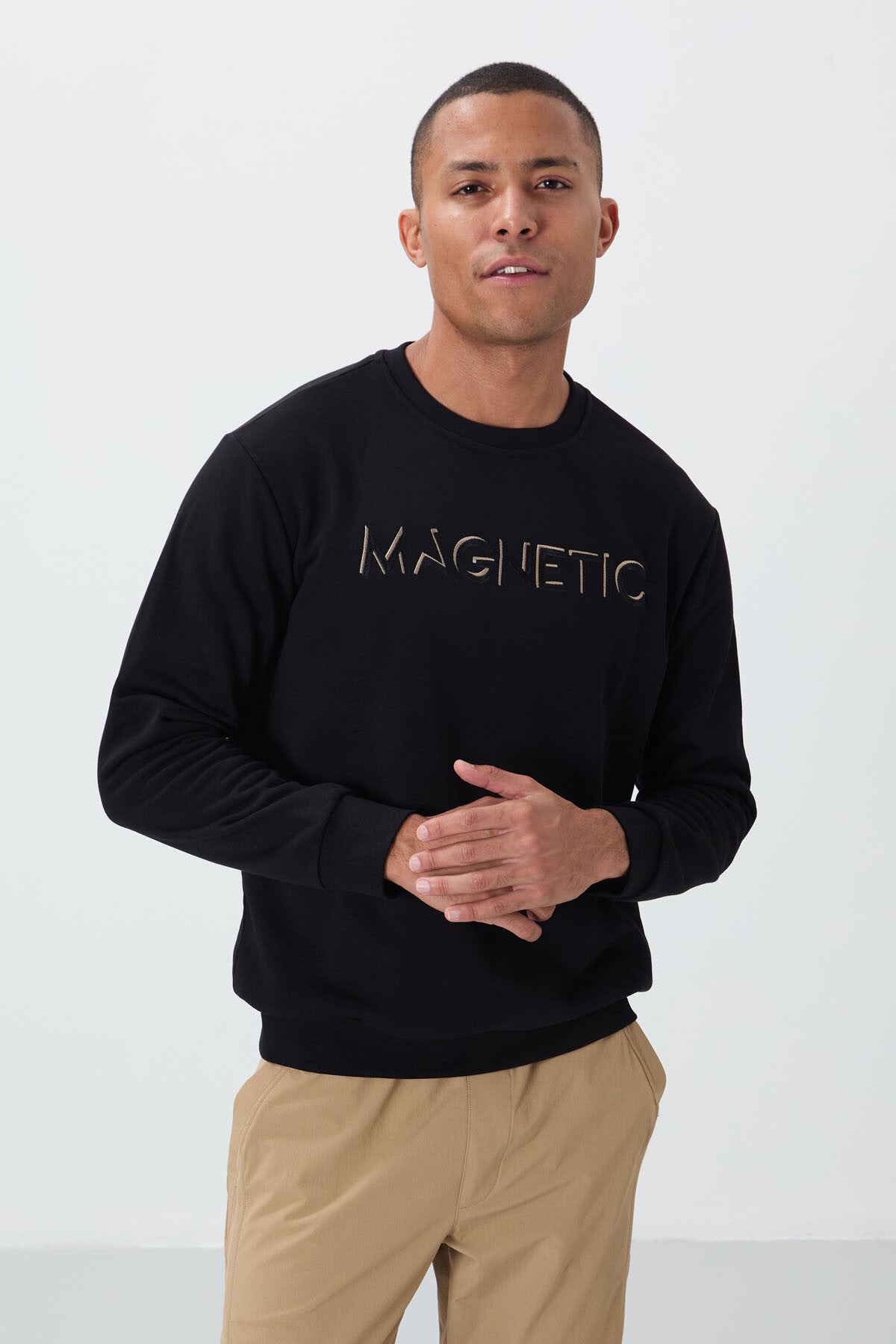 Black Embroidered Comfort Fit Polar Lined Men's Sweatshirt - 88020