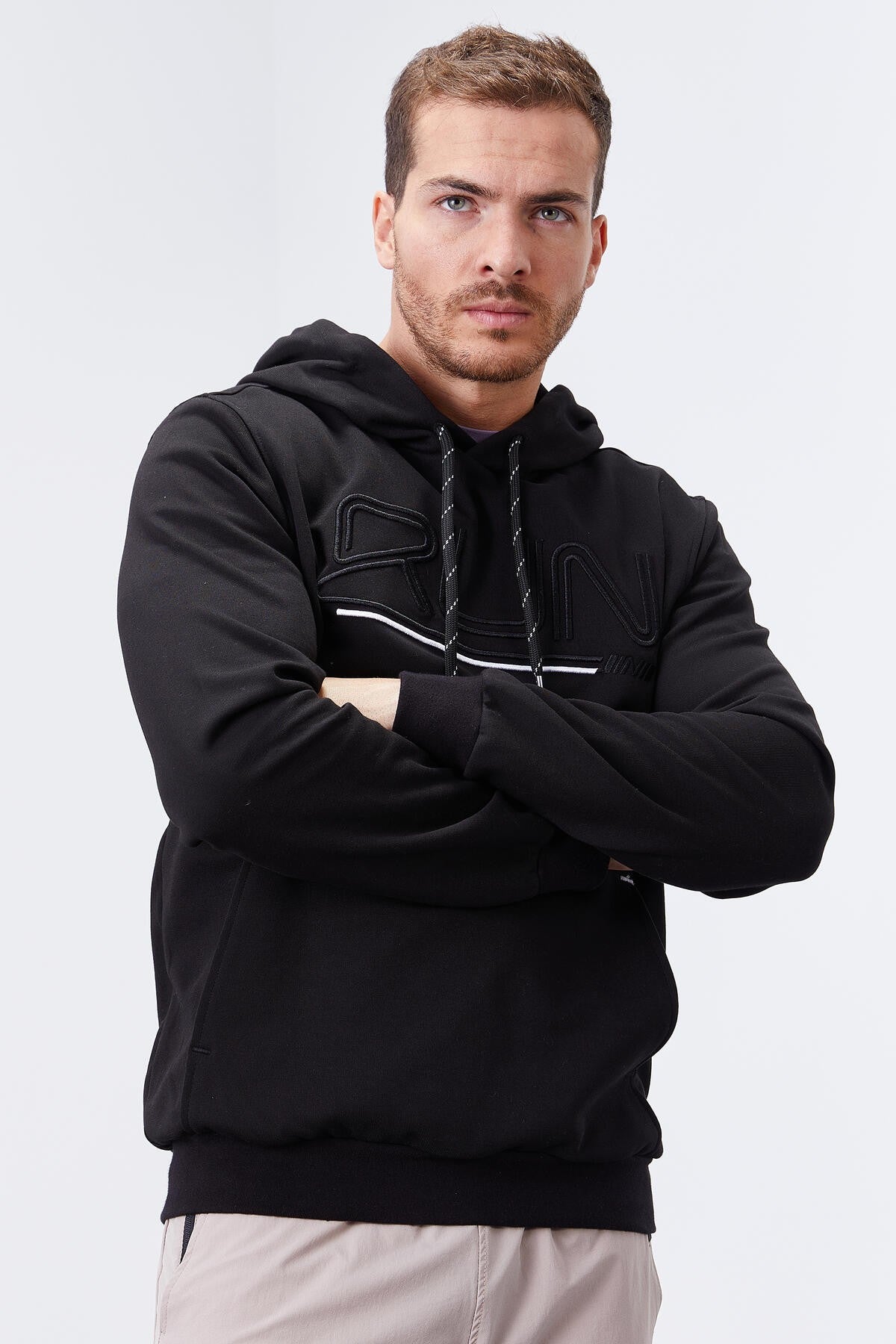 Black Embroidered Standard Fit Hooded Men's Sweatshirt - 87887