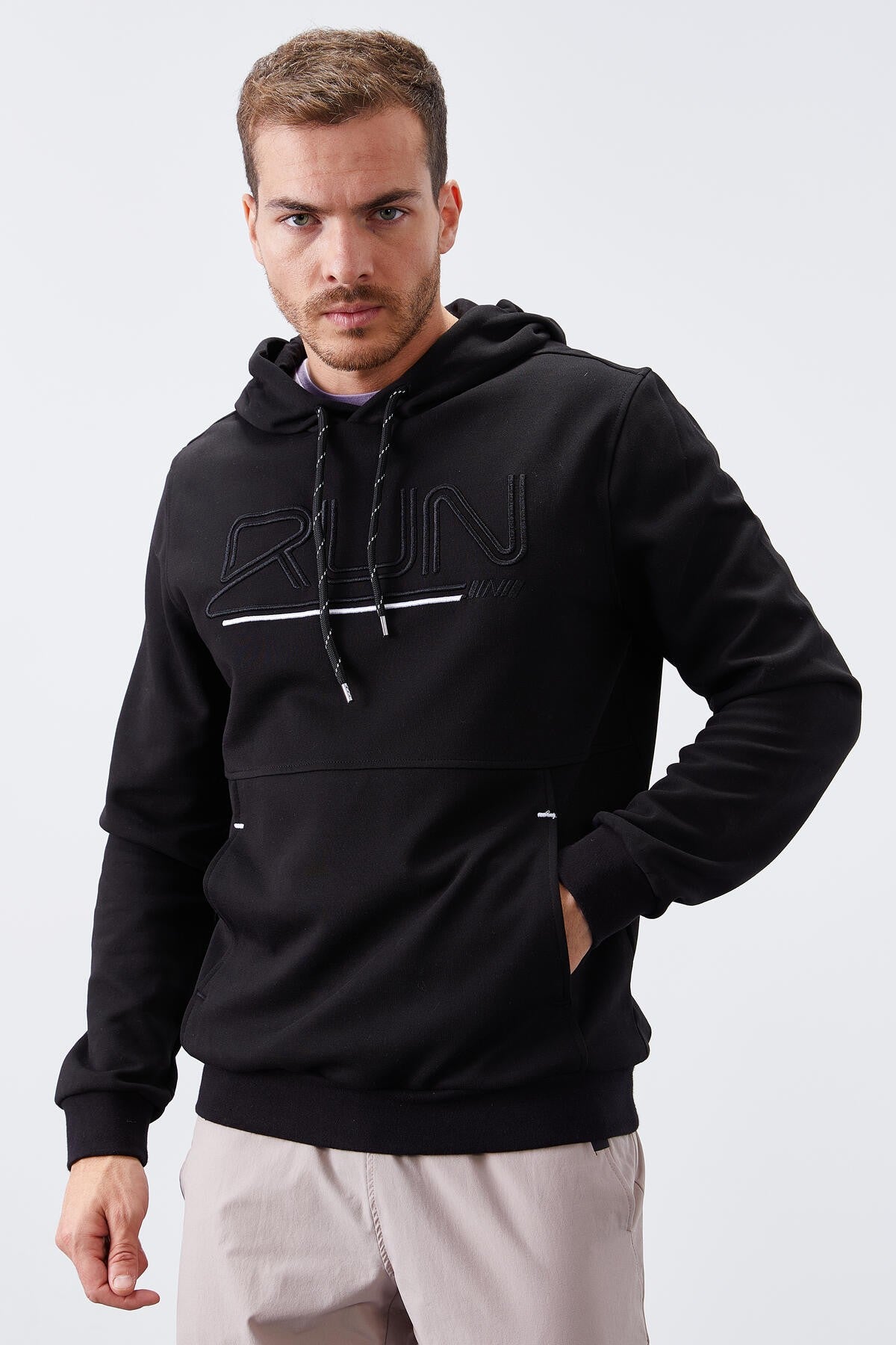 Black Embroidered Standard Fit Hooded Men's Sweatshirt - 87887