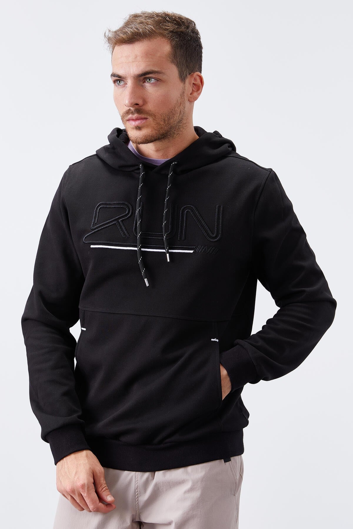 Black Embroidered Standard Fit Hooded Men's Sweatshirt - 87887