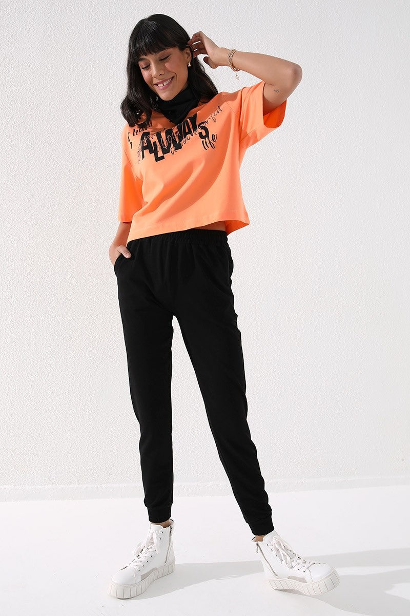 Black High Waist Jogger Comfort Fit Cuffed Women's Tracksuit Bottom - 94561