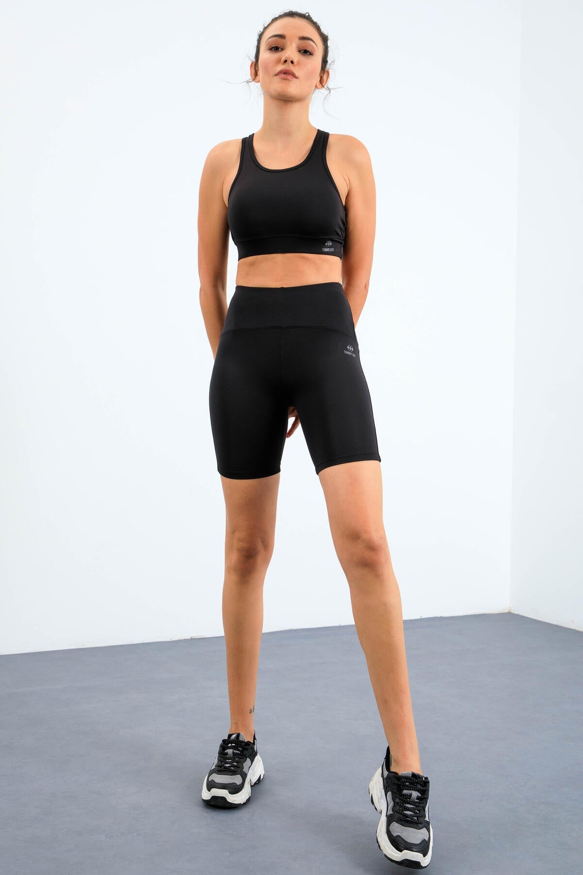 Black High Waist Wrap-up Slim Fit Bustier Biker Women's Tights Set - 95303