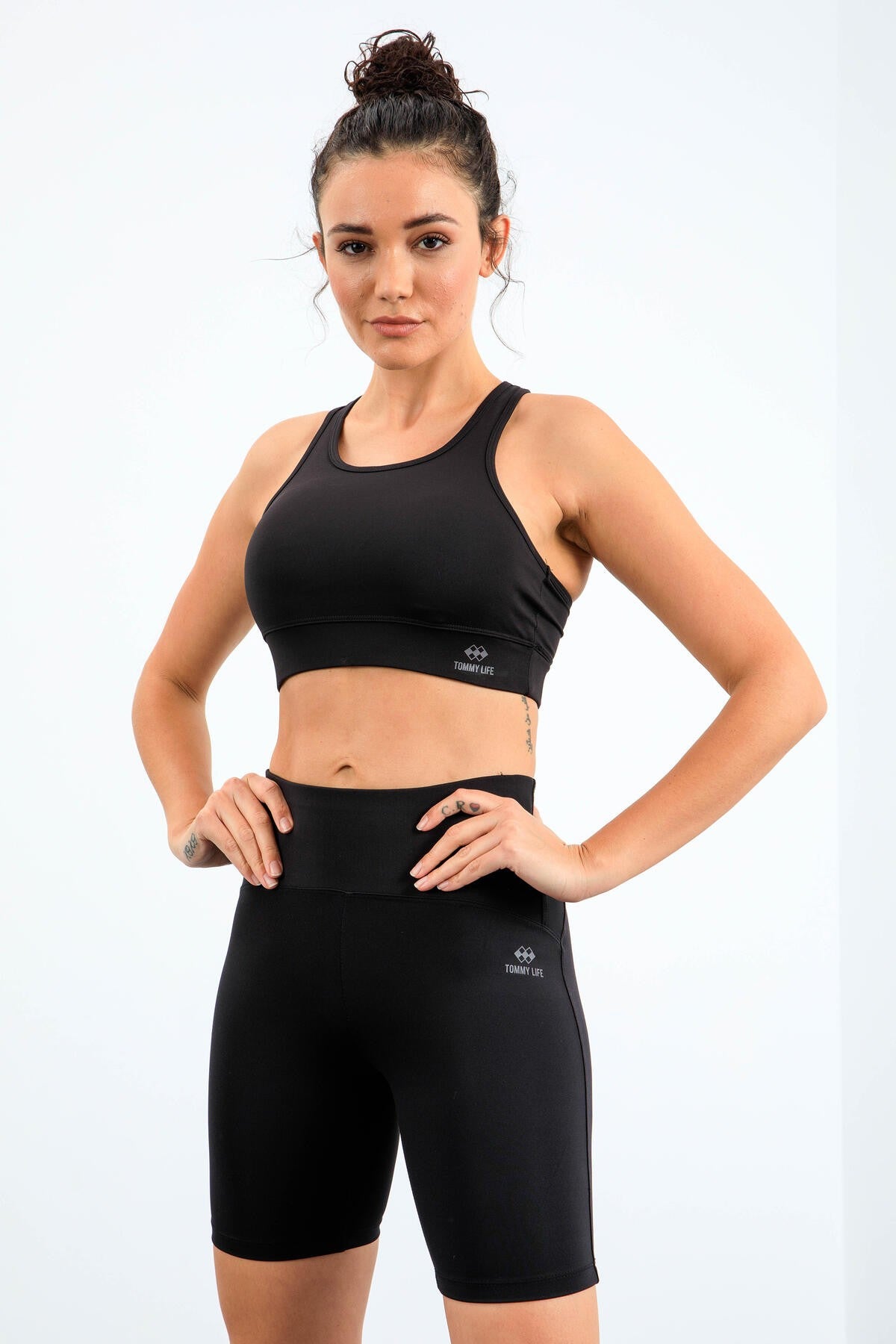 Black High Waist Wrap-up Slim Fit Bustier Biker Women's Tights Set - 95303