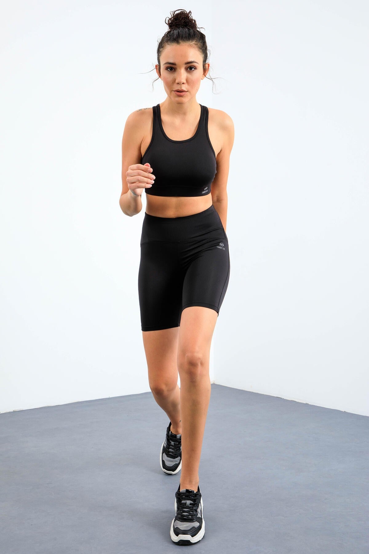 Black High Waist Wrap-up Slim Fit Bustier Biker Women's Tights Set - 95303