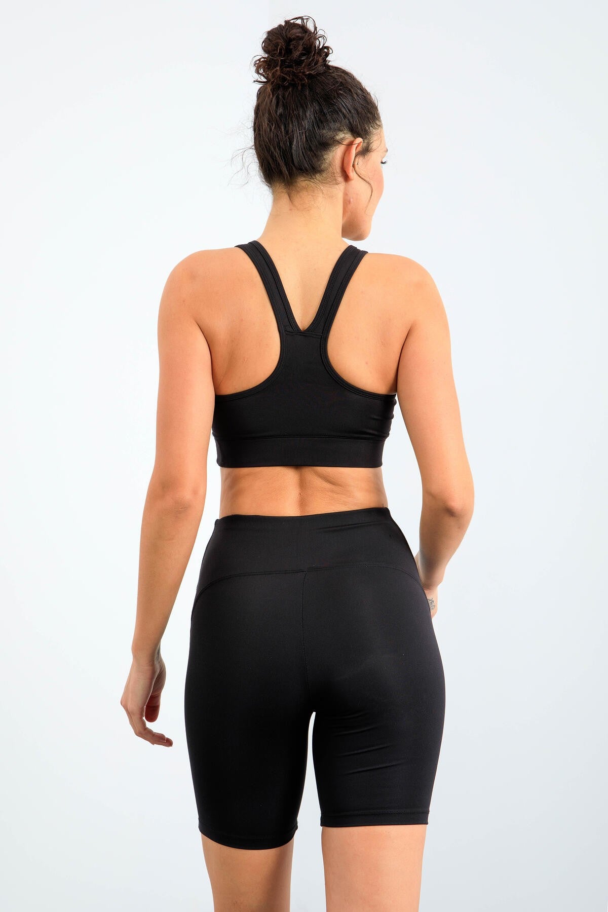 Black High Waist Wrap-up Slim Fit Bustier Biker Women's Tights Set - 95303