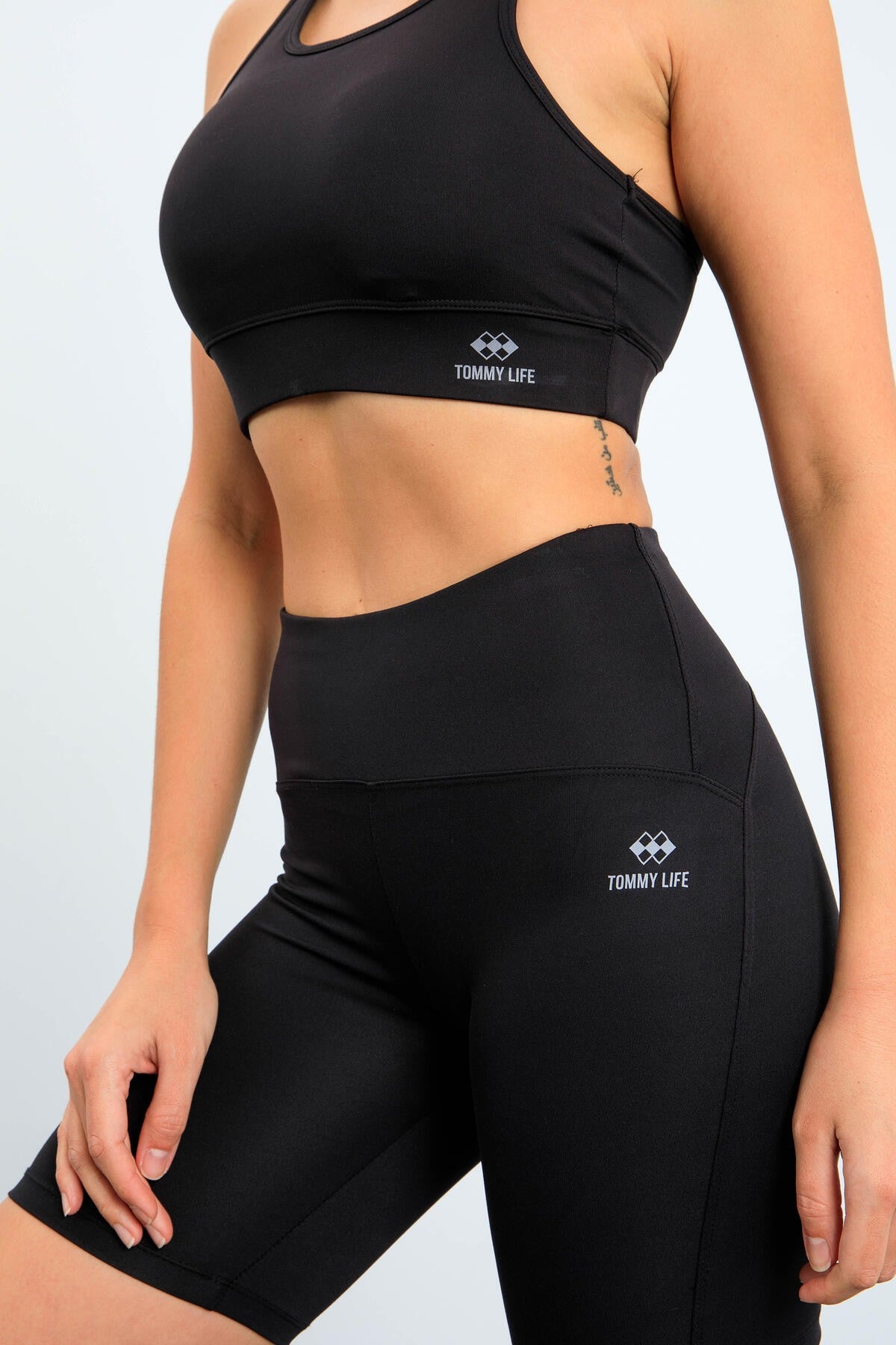 Black High Waist Wrap-up Slim Fit Bustier Biker Women's Tights Set - 95303