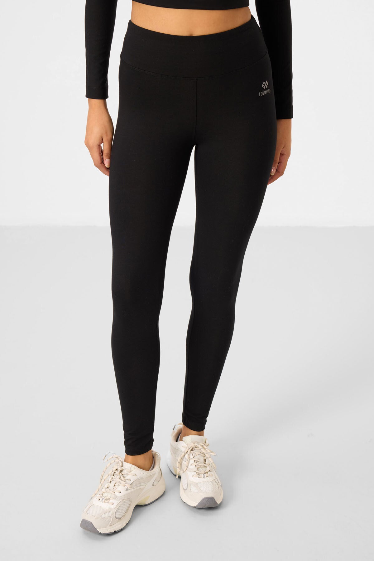 Black High Waist Long Sleeve Slim Fit Crop Top Women's Tights Set - 95286