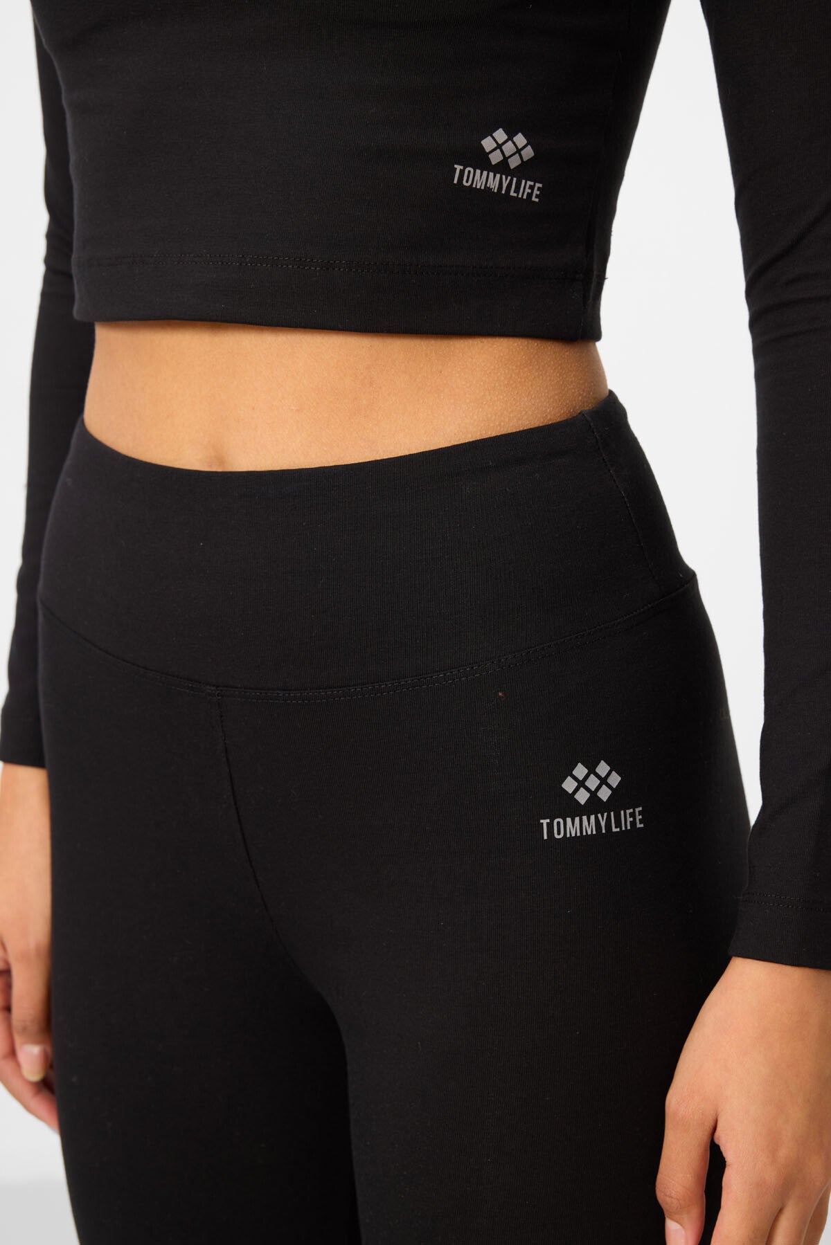 Black High Waist Long Sleeve Slim Fit Crop Top Women's Tights Set - 95286
