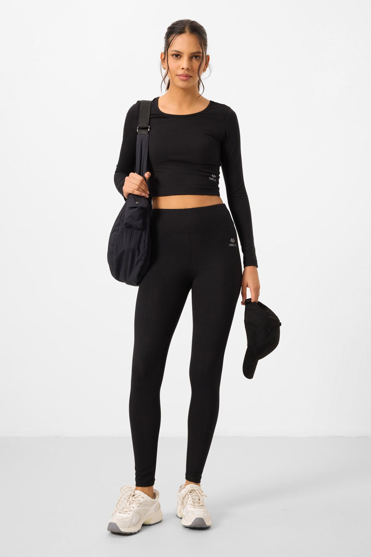 Black High Waist Long Sleeve Slim Fit Crop Top Women's Tights Set - 95286