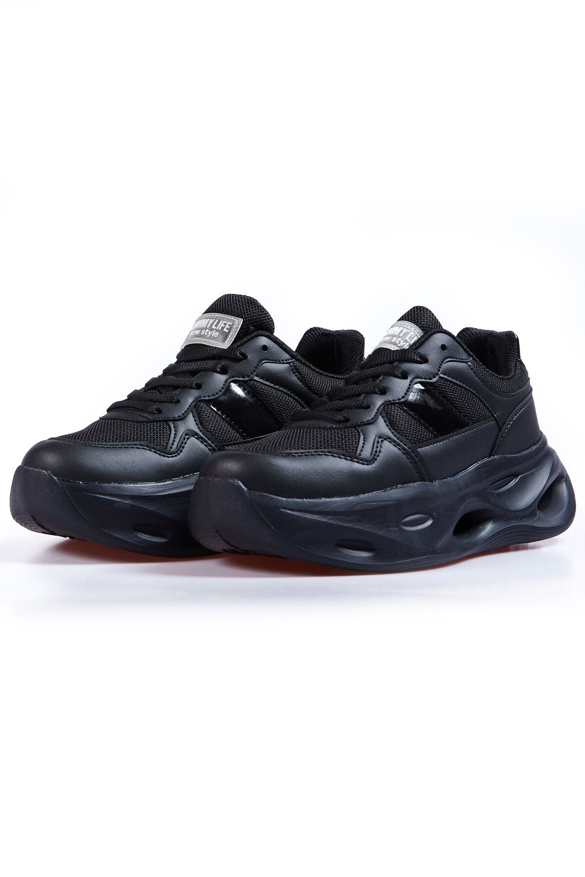 Black High Sole Laced Detail Women's Sports Shoes - 89106