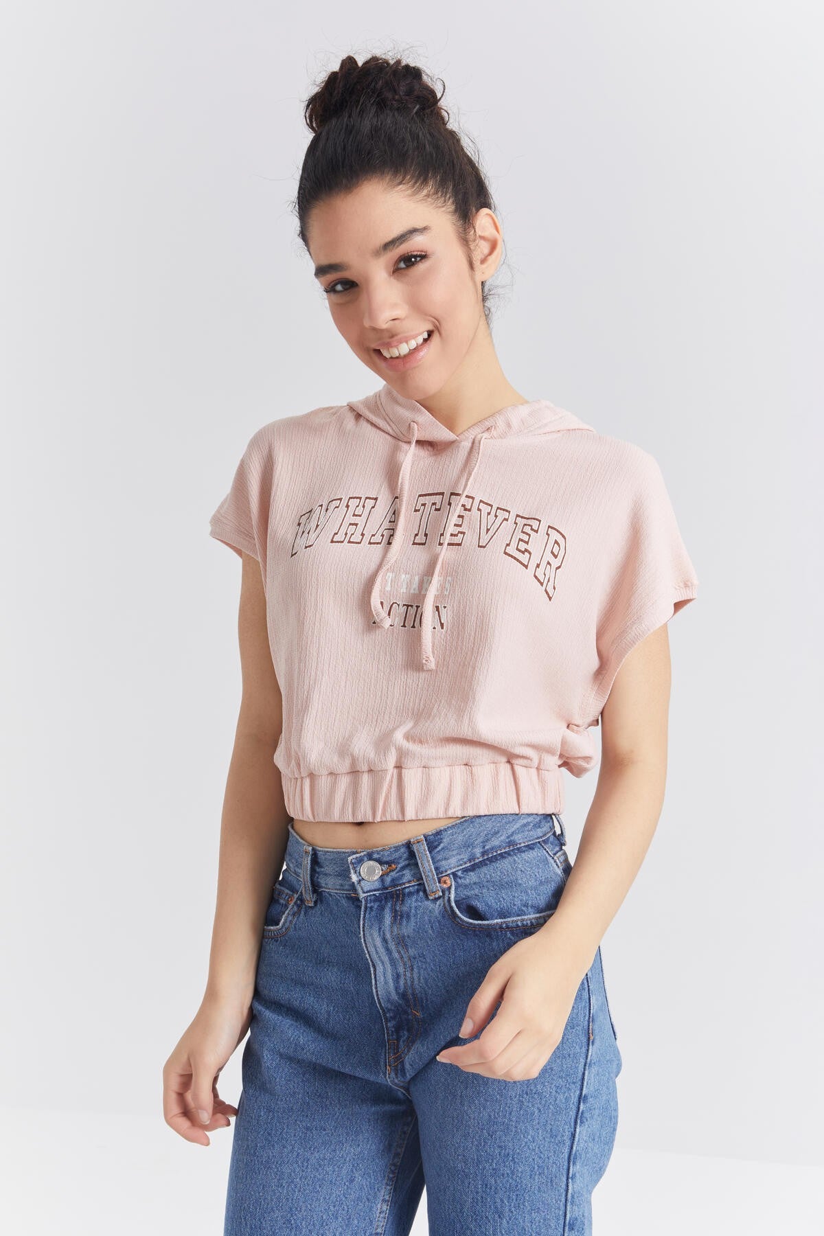 Salmon Hooded Letter Print Elastic Waist Crinkle Fabric Women's Crop Top T-Shirt - 97230