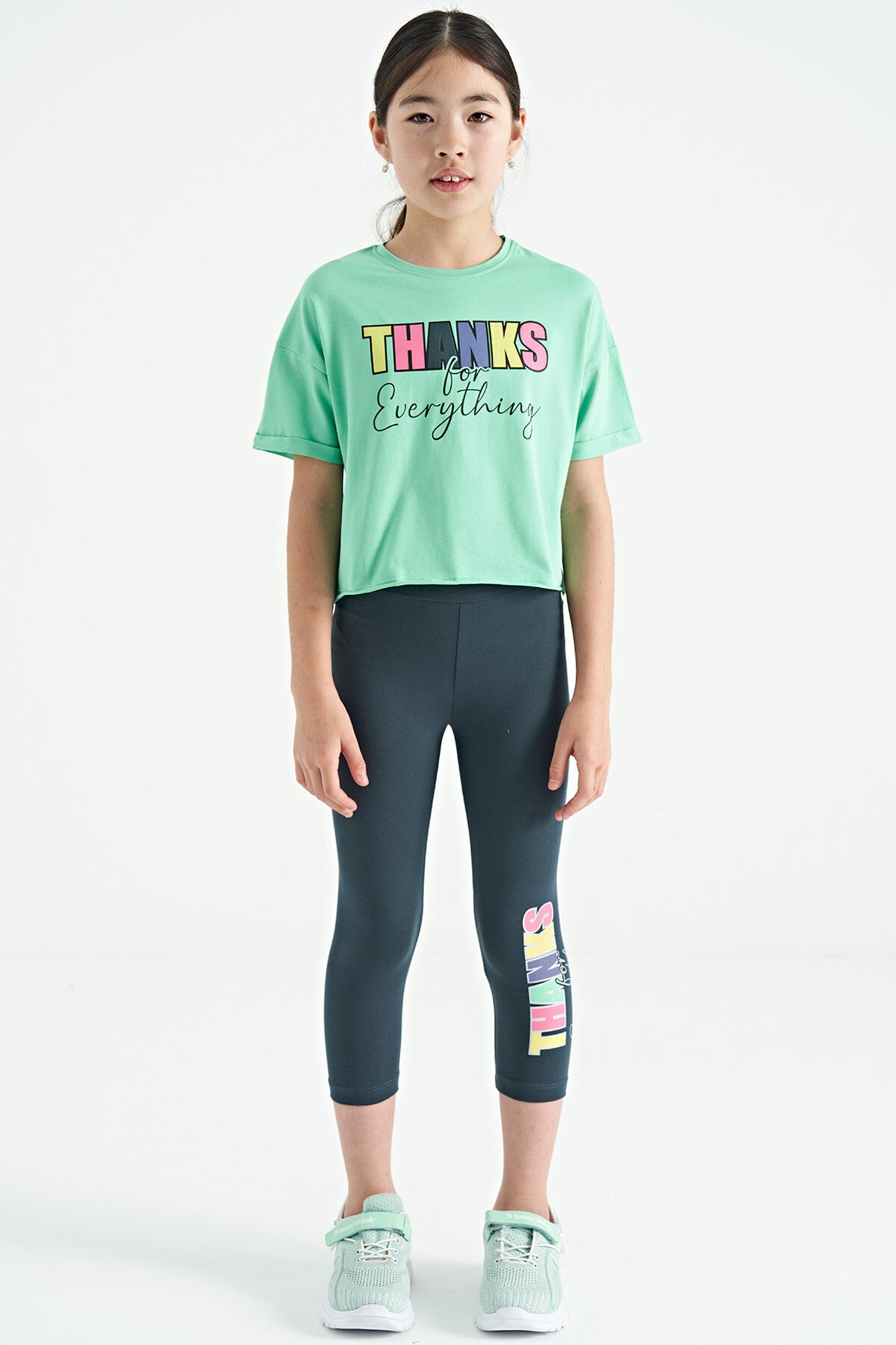 Forest Green - Oversize Printed Girl's Crop Tights Set with Forest Green Writing - 75133