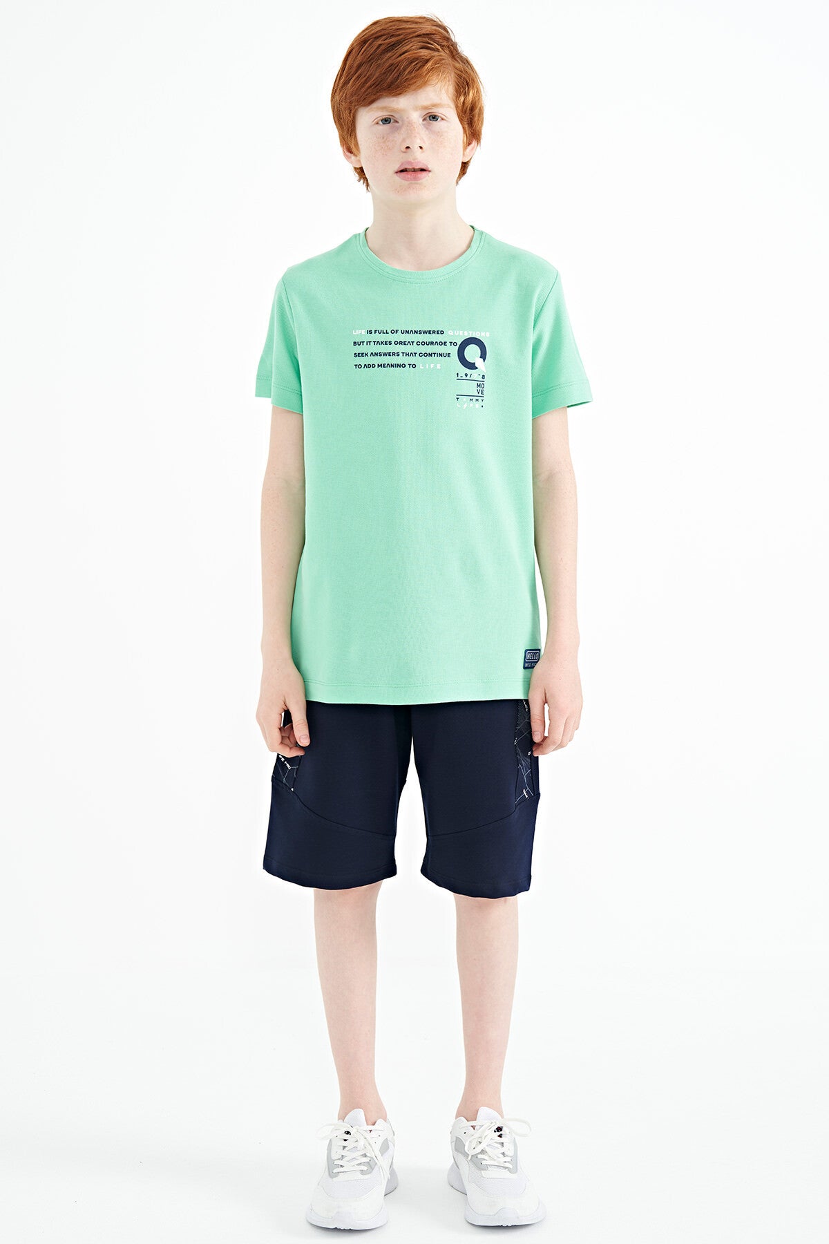 Olive Green Print Detailed O Collar Standard Fit Boys T-Shirt - 11145