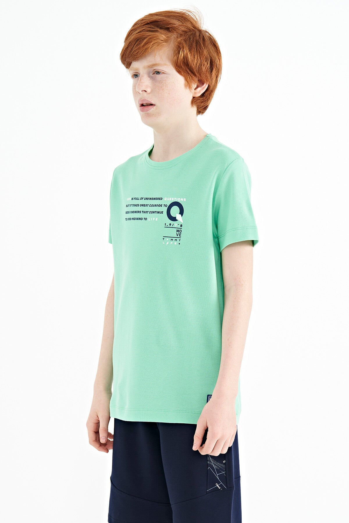 Olive Green Print Detailed O Collar Standard Fit Boys T-Shirt - 11145