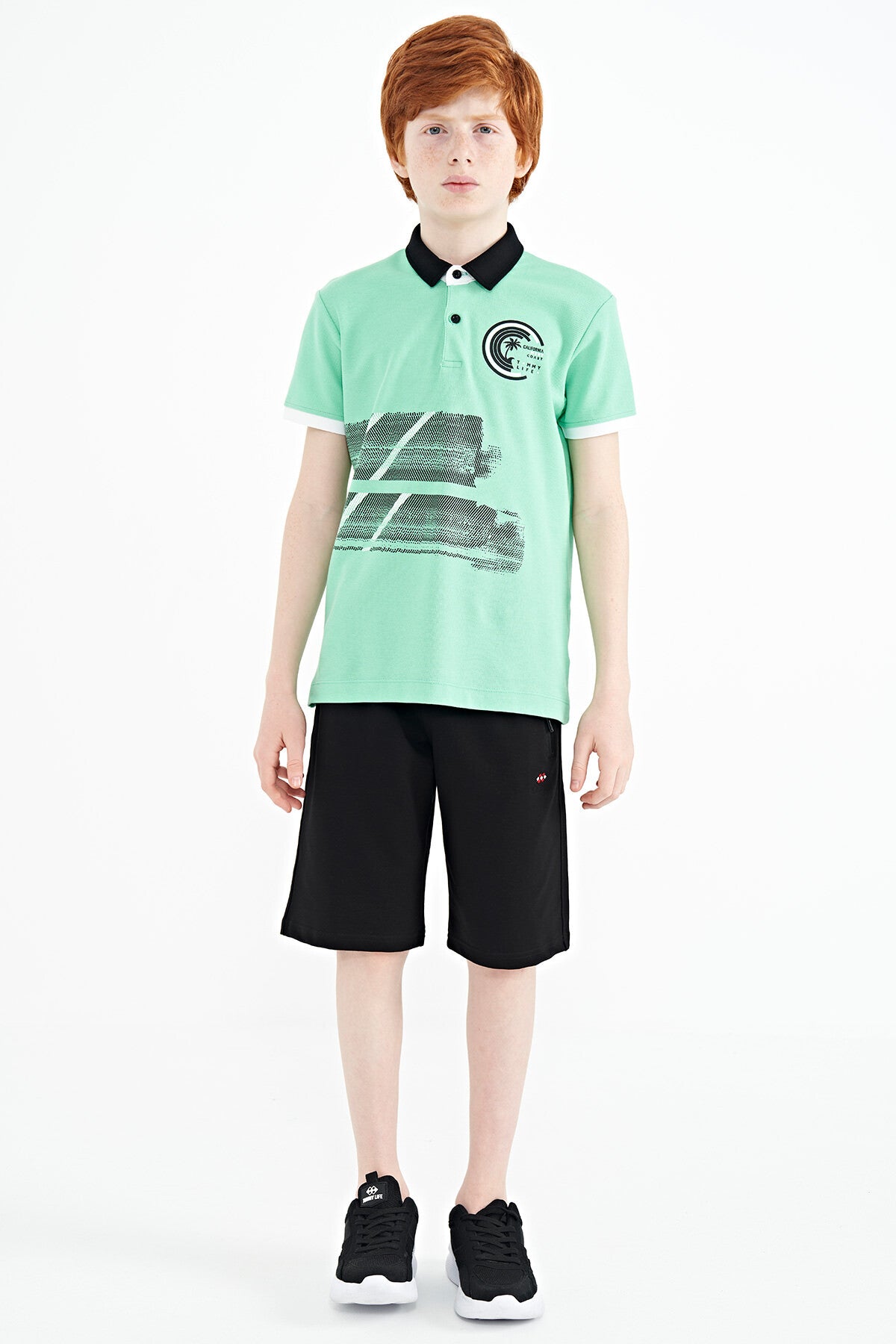 Olive Green Print Detailed Polo Collar Standard Fit Boys T-Shirt - 11094