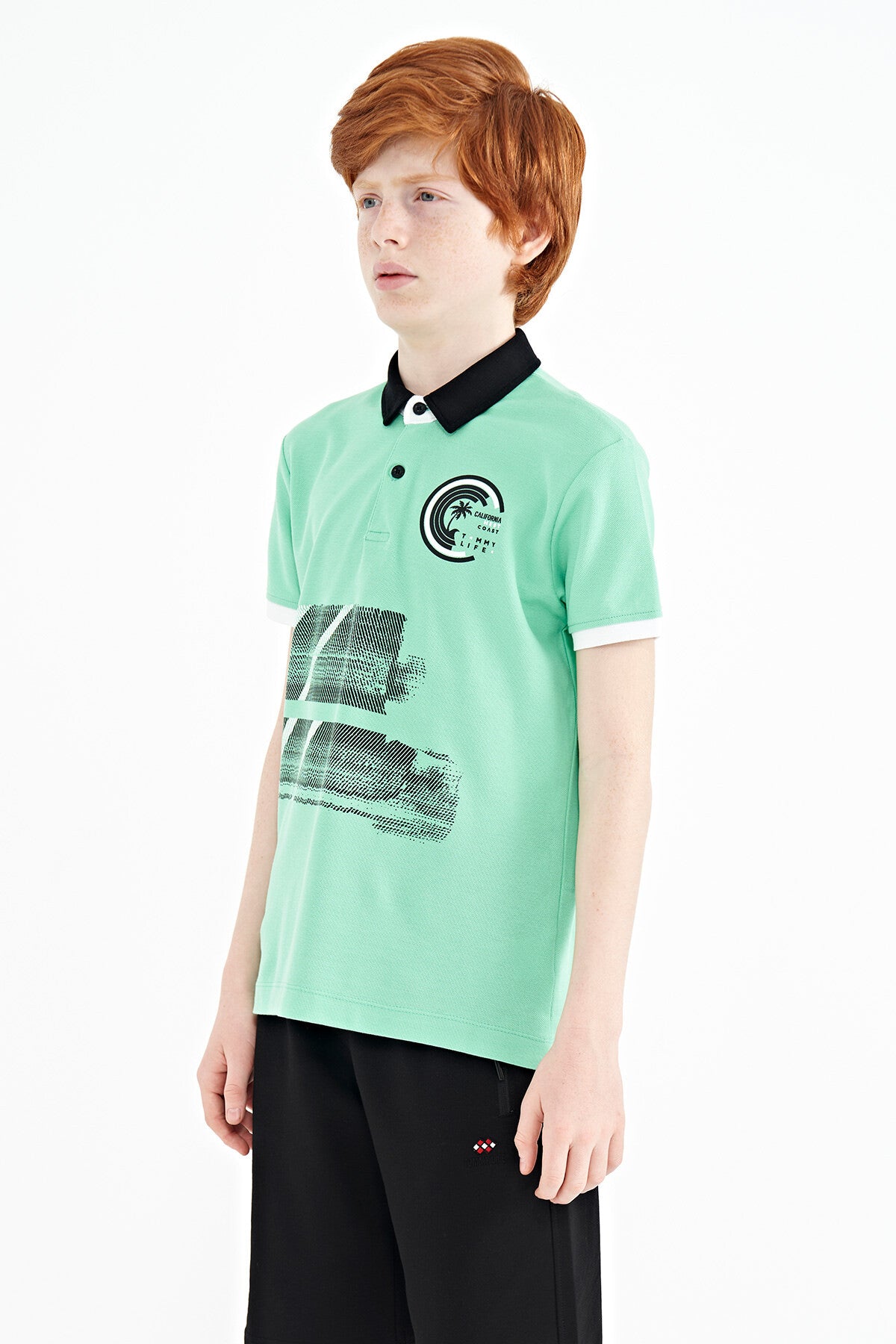Olive Green Print Detailed Polo Collar Standard Fit Boys T-Shirt - 11094