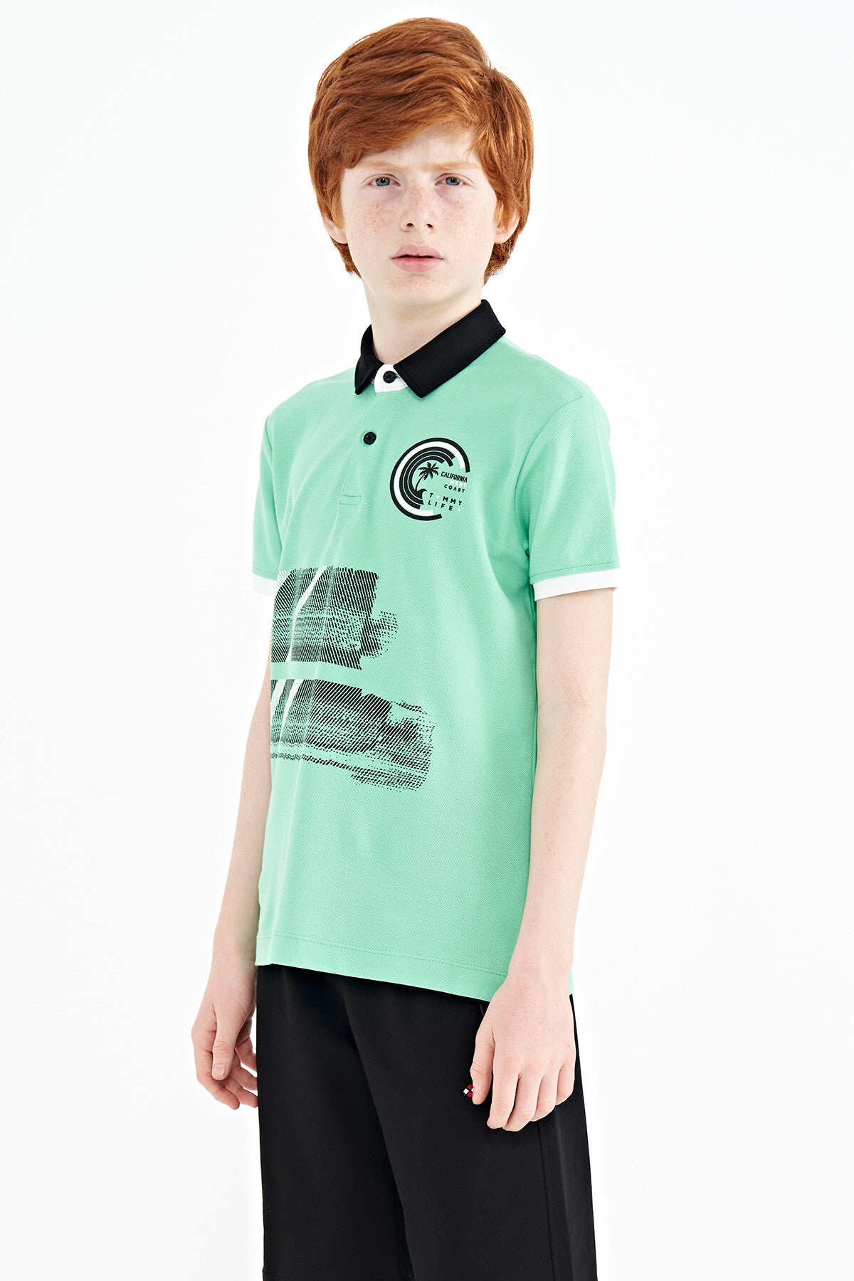 Olive Green Print Detailed Polo Collar Standard Fit Boys T-Shirt - 11094