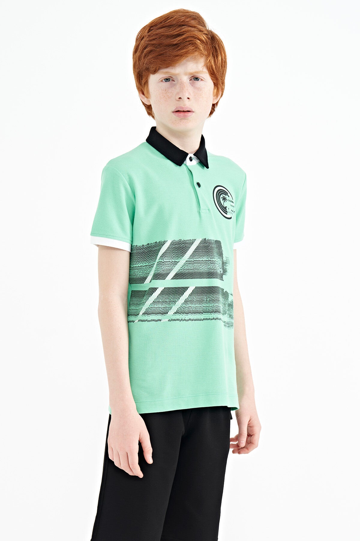 Olive Green Print Detailed Polo Collar Standard Fit Boys T-Shirt - 11094
