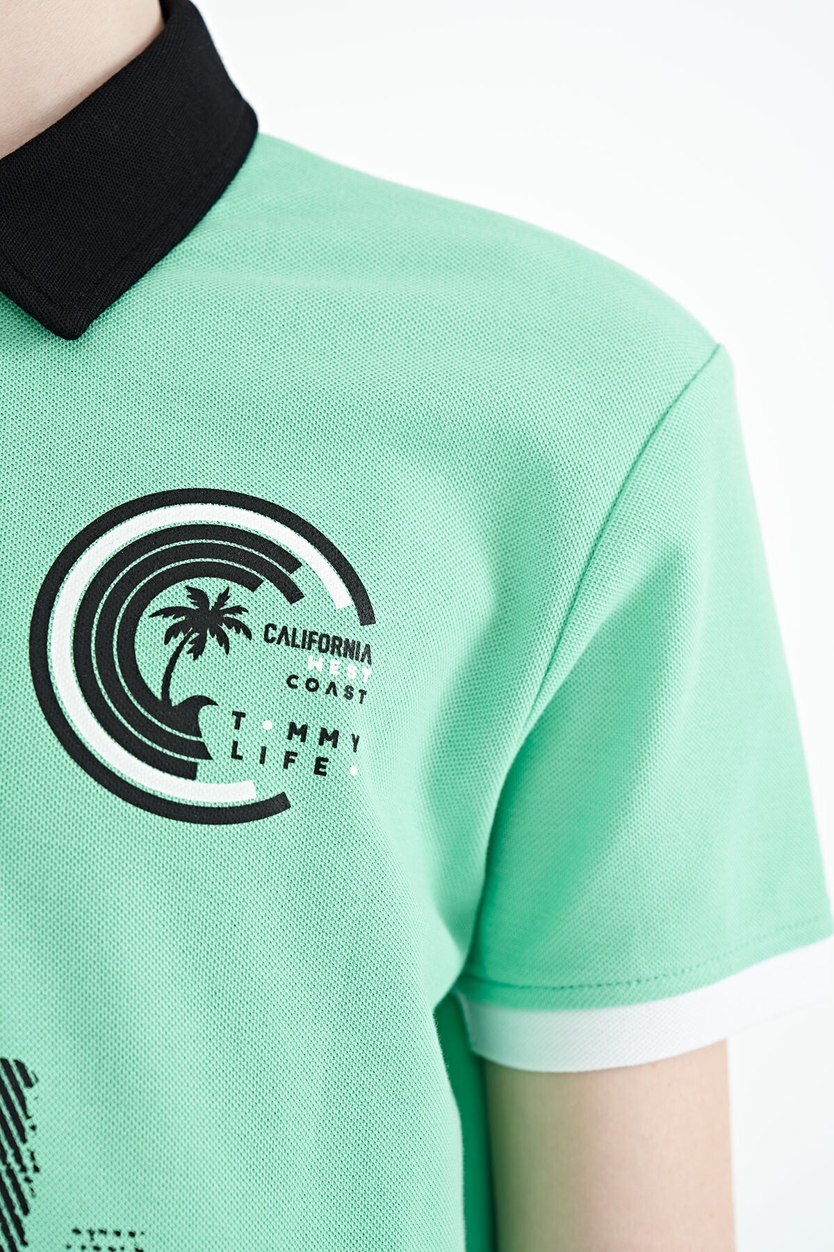 Olive Green Print Detailed Polo Collar Standard Fit Boys T-Shirt - 11094