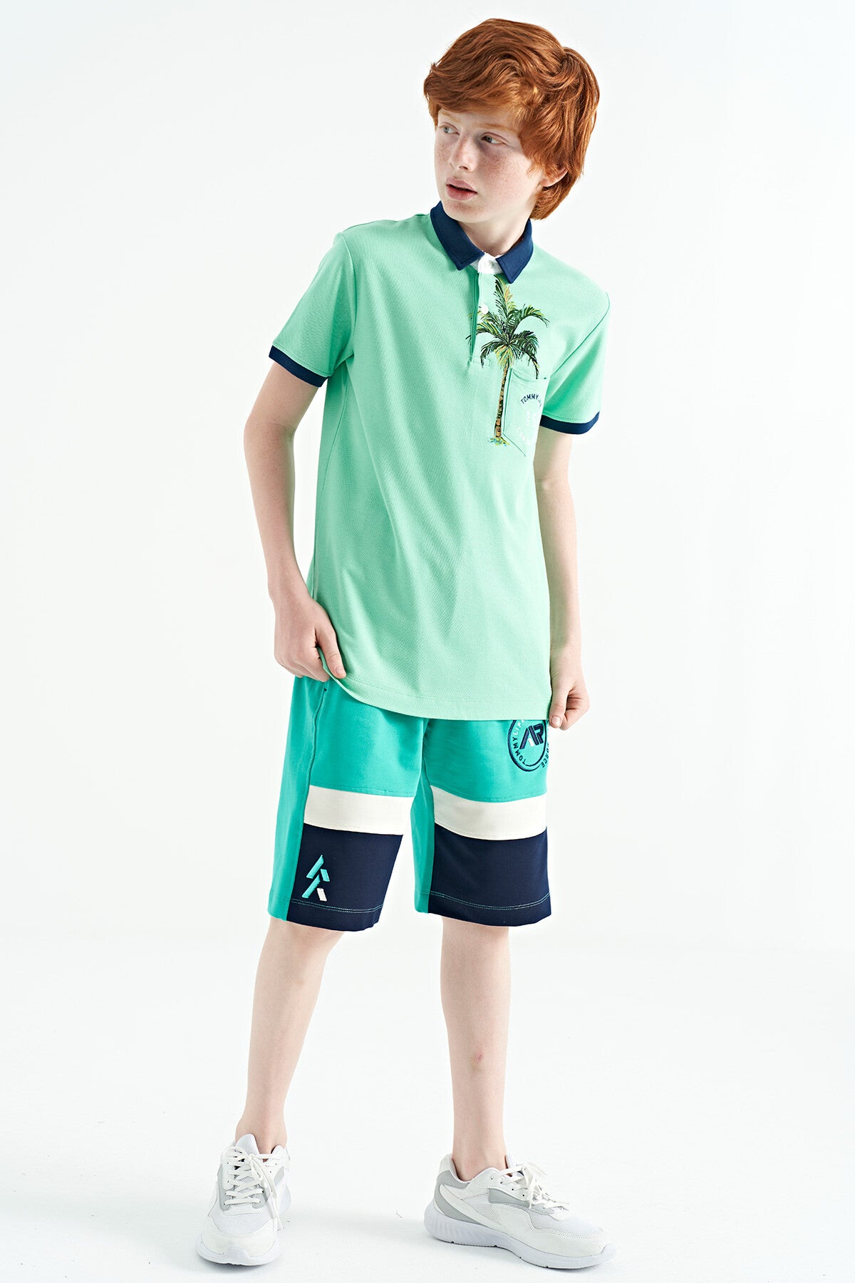 Olive Green Printed Pocket Detailed Standard Fit Polo Collar Boys T-Shirt - 11144