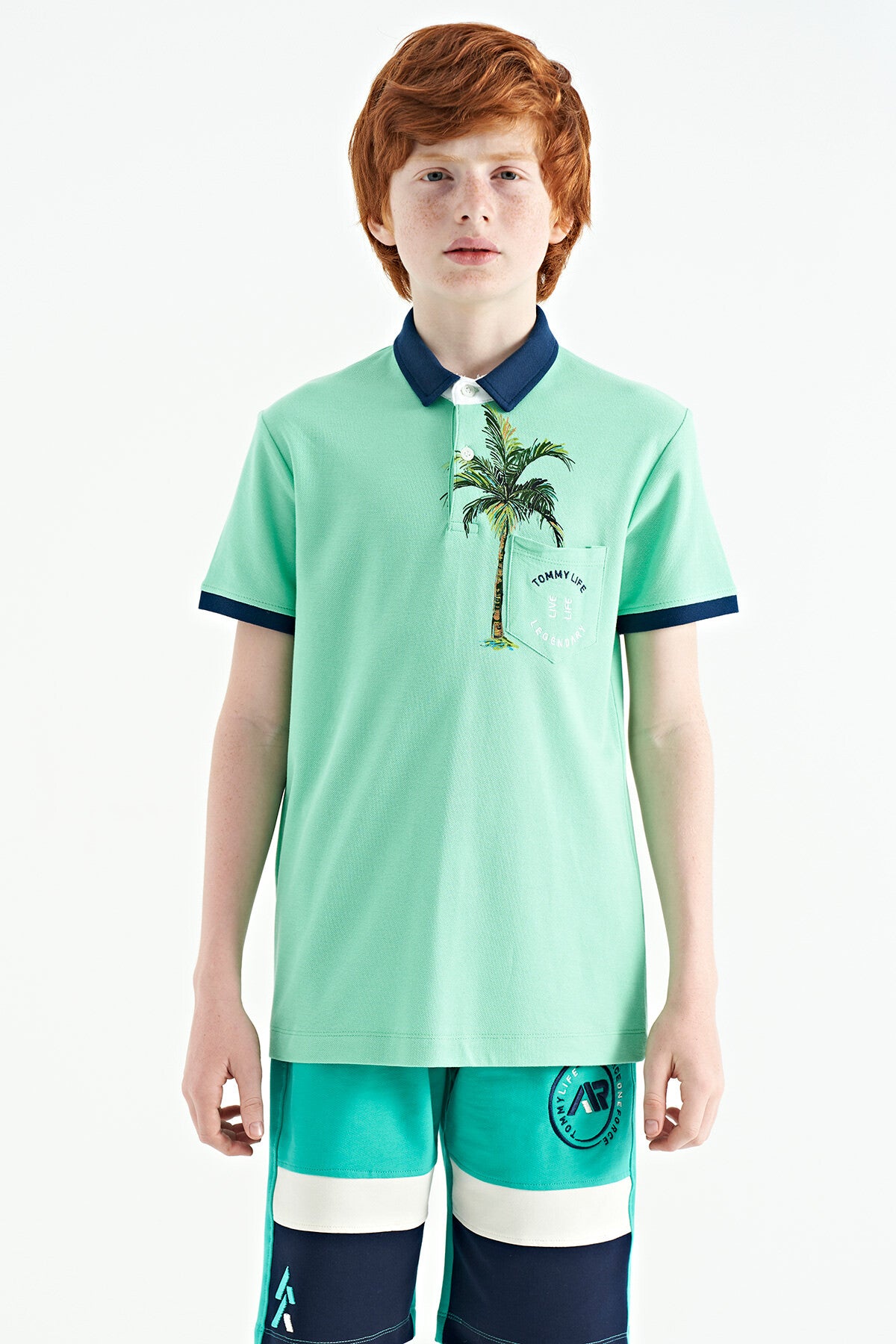 Olive Green Printed Pocket Detailed Standard Fit Polo Collar Boys T-Shirt - 11144