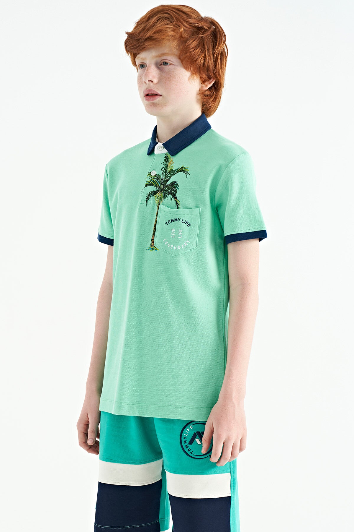 Olive Green Printed Pocket Detailed Standard Fit Polo Collar Boys T-Shirt - 11144