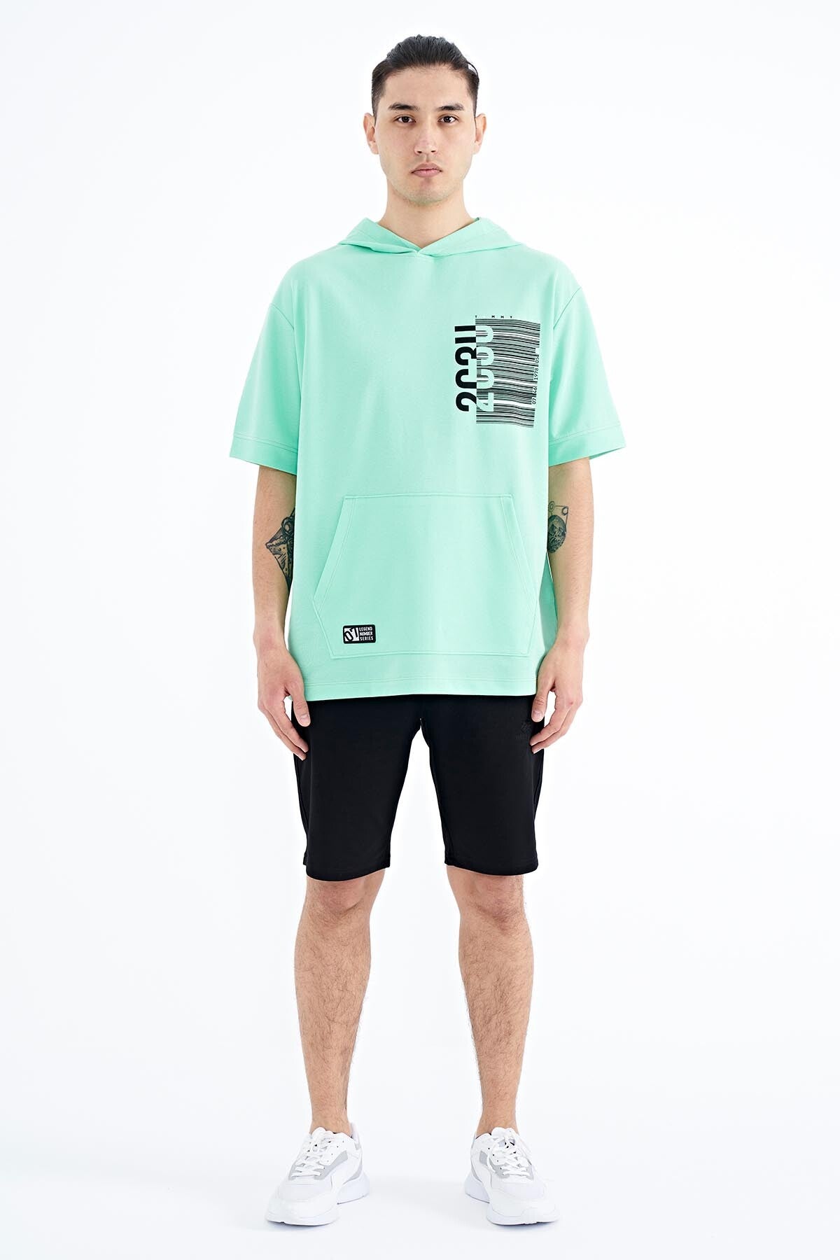 Forest Green Printed Hooded Kangaroo Pocket Oversize Men's T-shirt - 88196