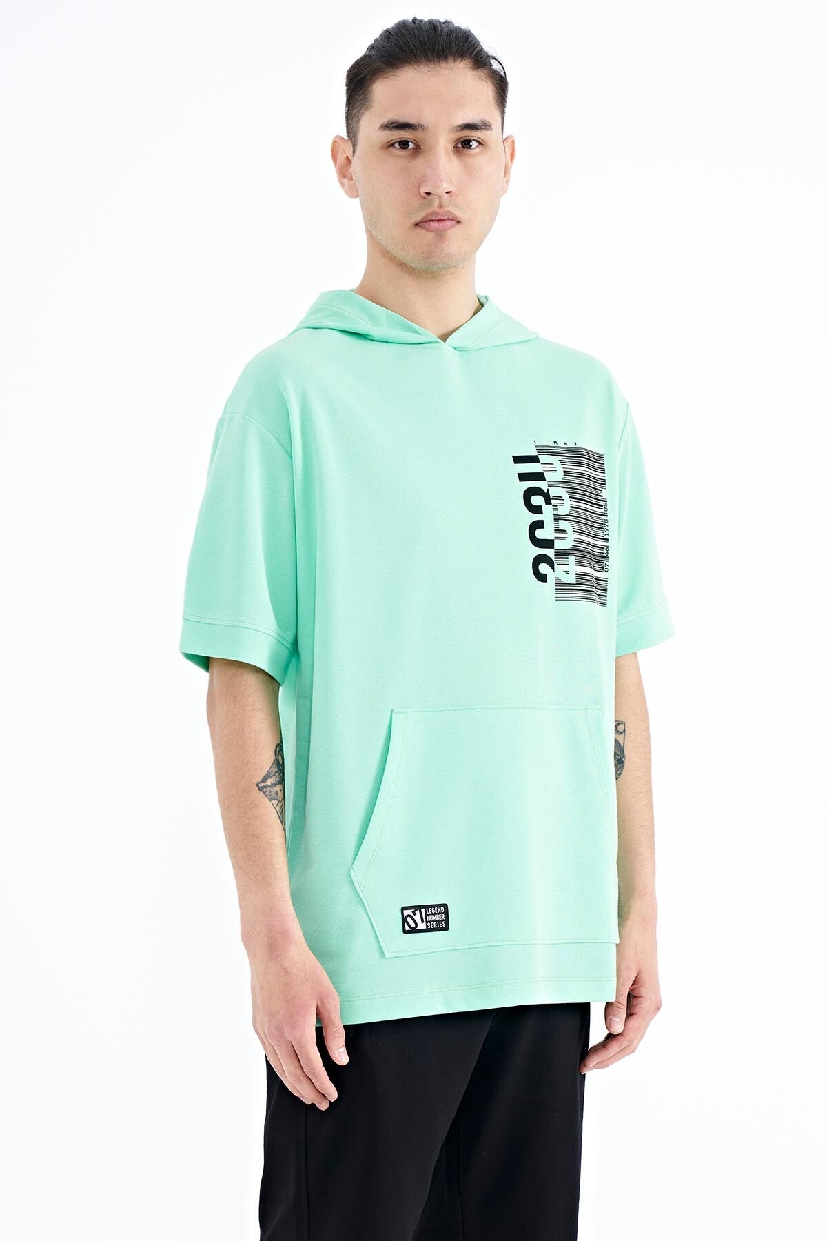 Forest Green Printed Hooded Kangaroo Pocket Oversize Men's T-shirt - 88196