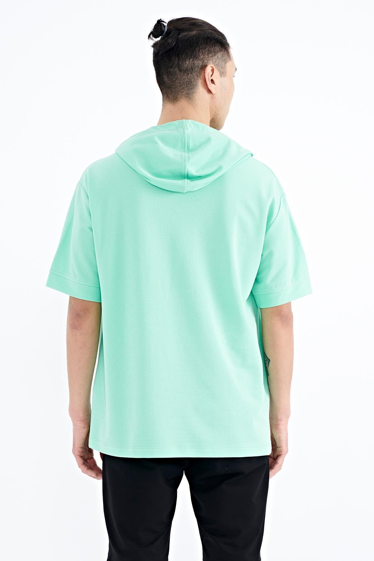 Forest Green Printed Hooded Kangaroo Pocket Oversize Men's T-shirt - 88196