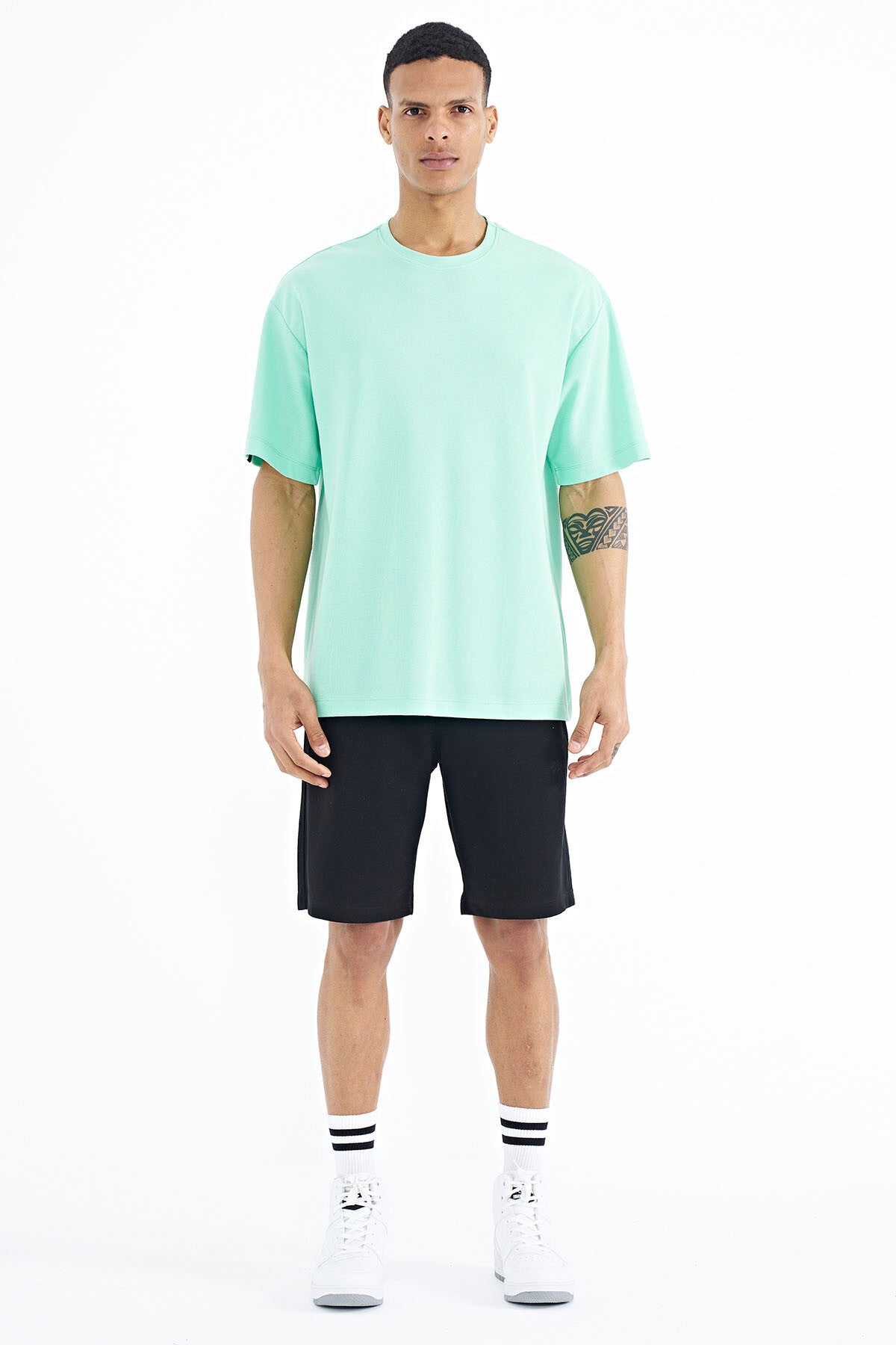 Olive Green Sleeve Embroidered Basic Oversize Men's T-Shirt - 88193
