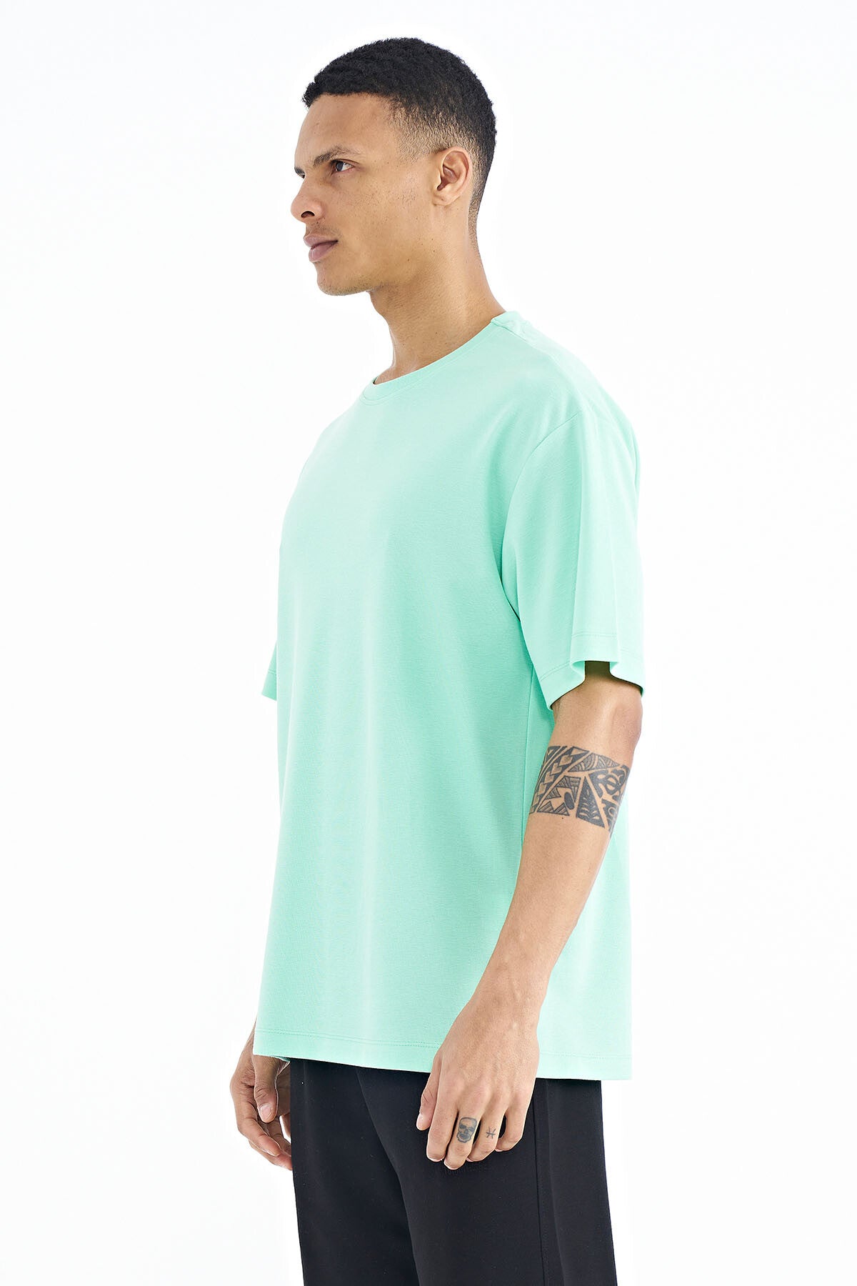 Olive Green Sleeve Embroidered Basic Oversize Men's T-Shirt - 88193